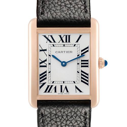 The Cartier Tank Solo W5200025 Men's Steel and Gold (two tone) Silver Dial watch is shown from the front, displaying its rectangular face and black leather strap.