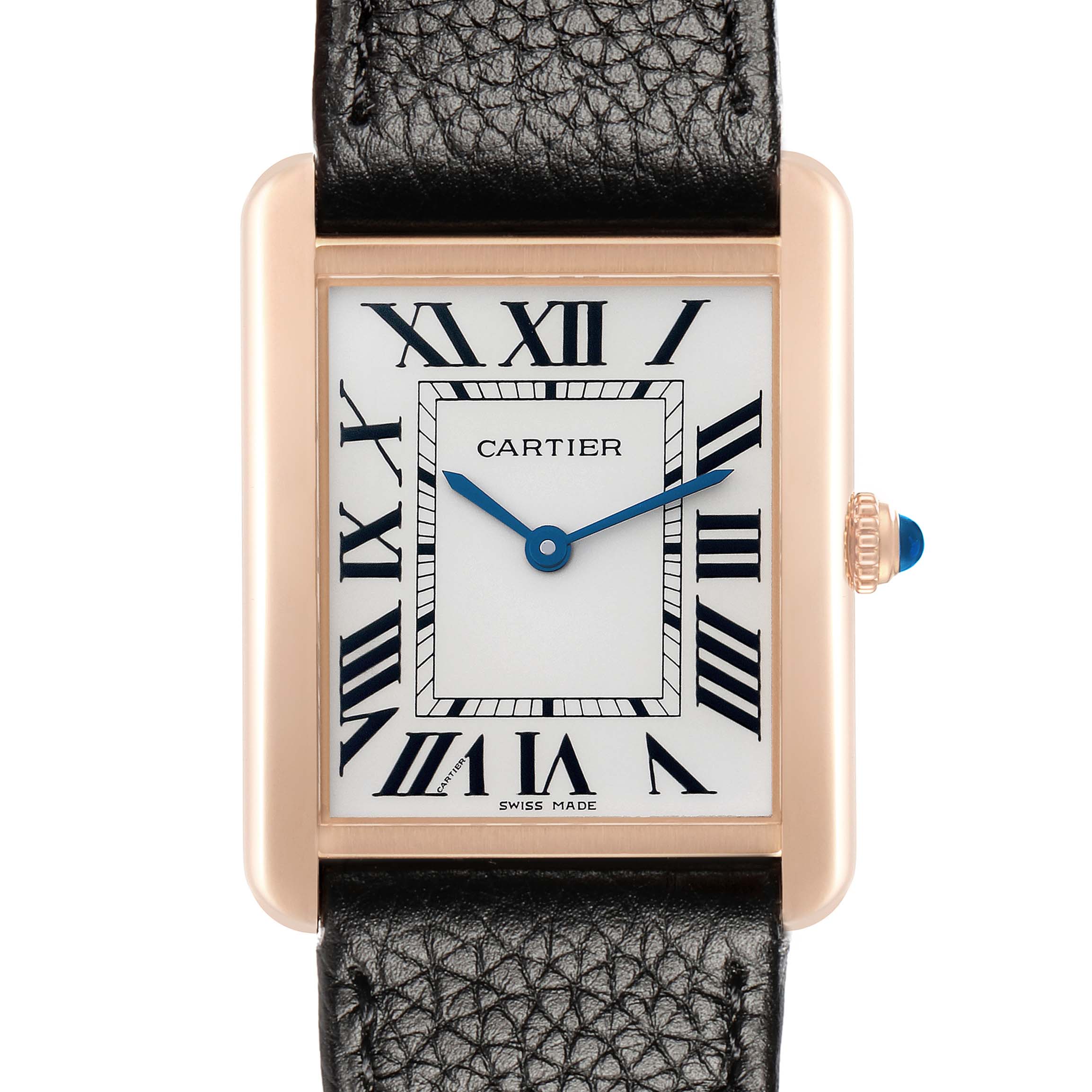 This Cartier Tank Solo W5200025 Men
s Steel and Gold (two tone) Silver Dial watch is shown from the front, displaying the dial, Roman numerals, blue hands, and part of the leather strap.