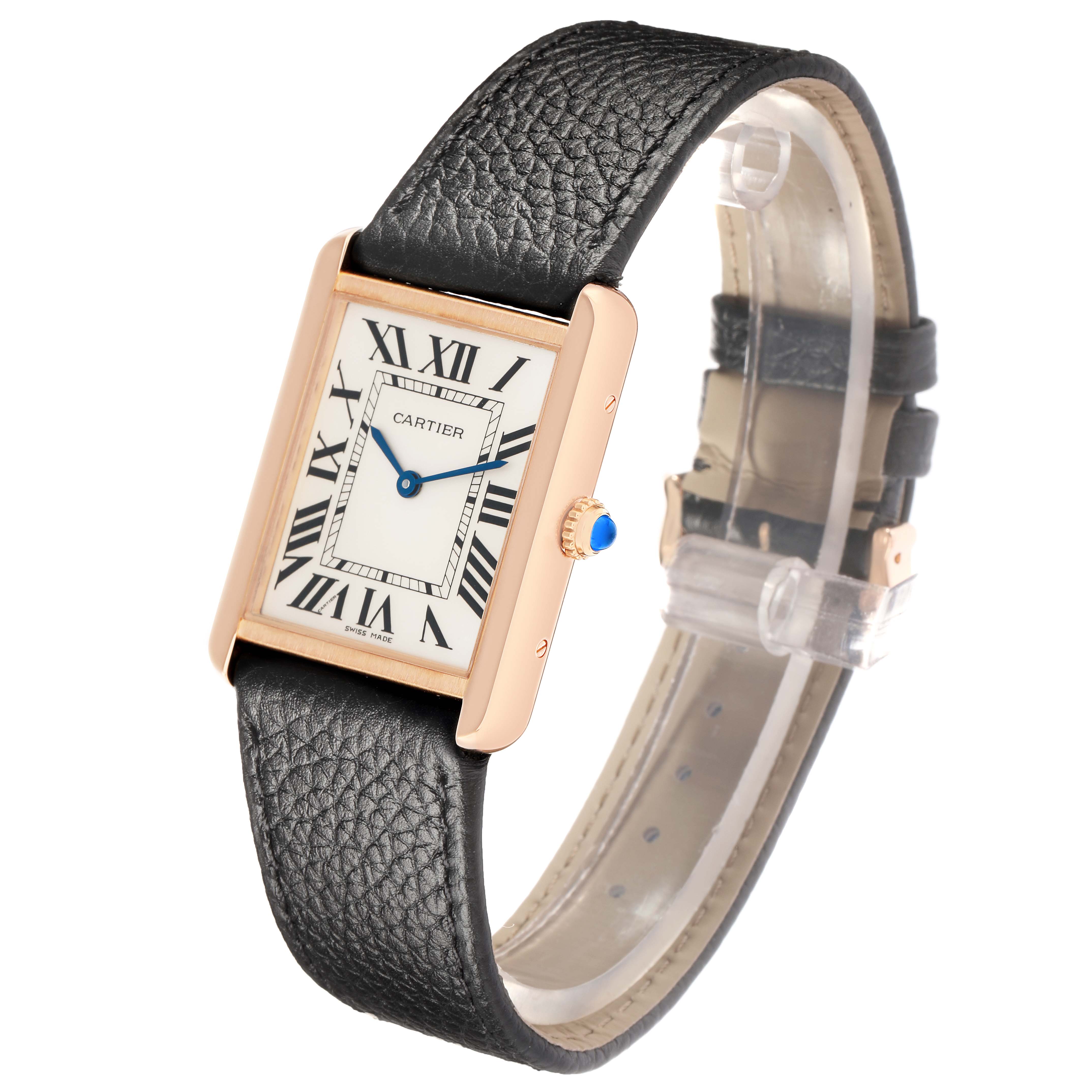 The Cartier Tank Solo W5200025 Men
s Steel and Gold (two tone) Silver Dial watch is shown at an angled view displaying the face, leather strap, and side crown.