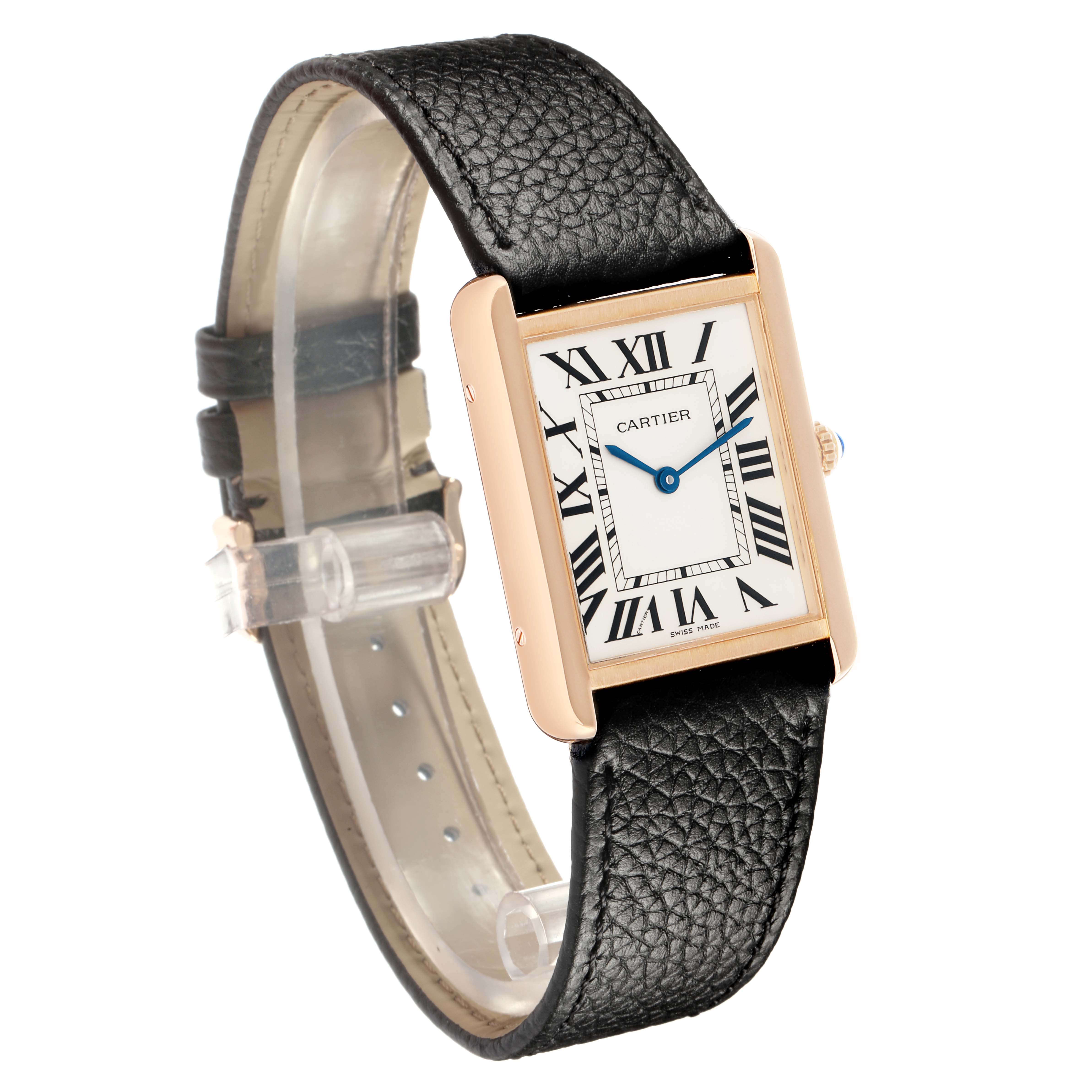 The Cartier Tank Solo W5200025 Men
s Steel and Gold (two tone) Silver Dial watch is shown at a front-right angle, highlighting its rectangular face, Roman numerals, and black leather strap.