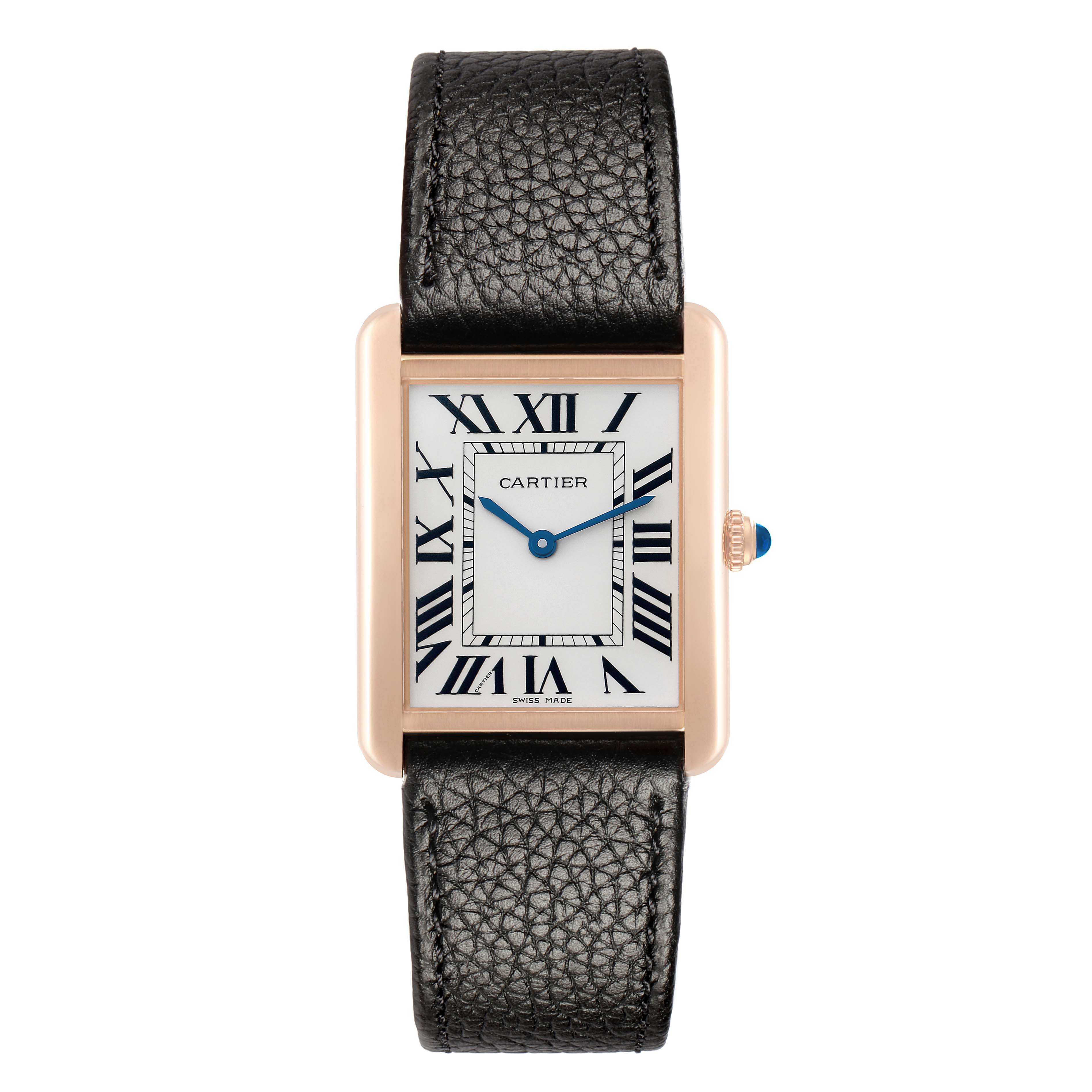 The Cartier Tank Solo W5200025 Men
s Steel and Gold (two tone) Silver Dial watch is shown from a front view, highlighting its rectangular face, Roman numerals, and leather strap.