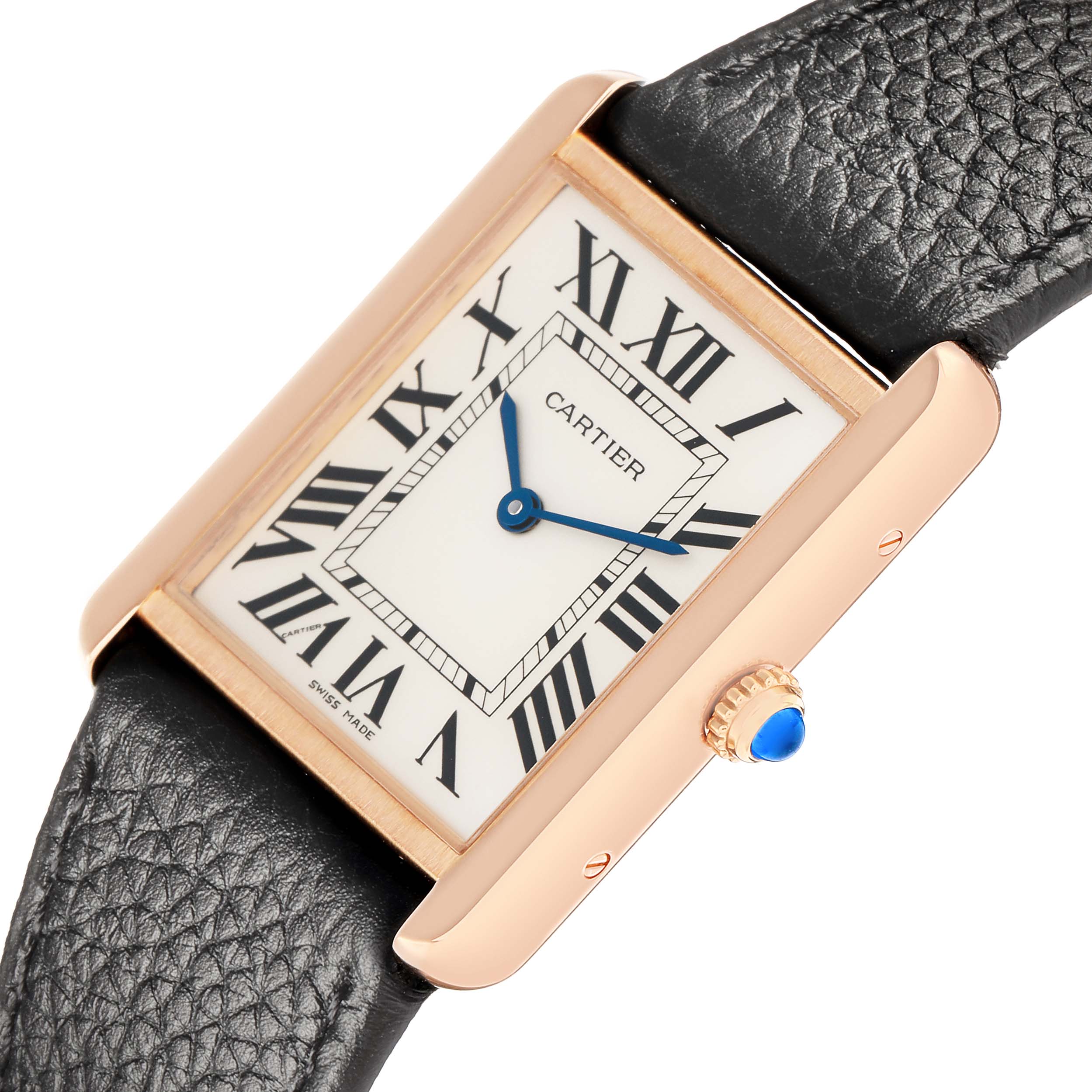 The Cartier Tank Solo W5200025 Men
s Steel and Gold (two tone) Silver Dial watch is shown at an angled view highlighting the face, Roman numerals, and blue cabochon crown.