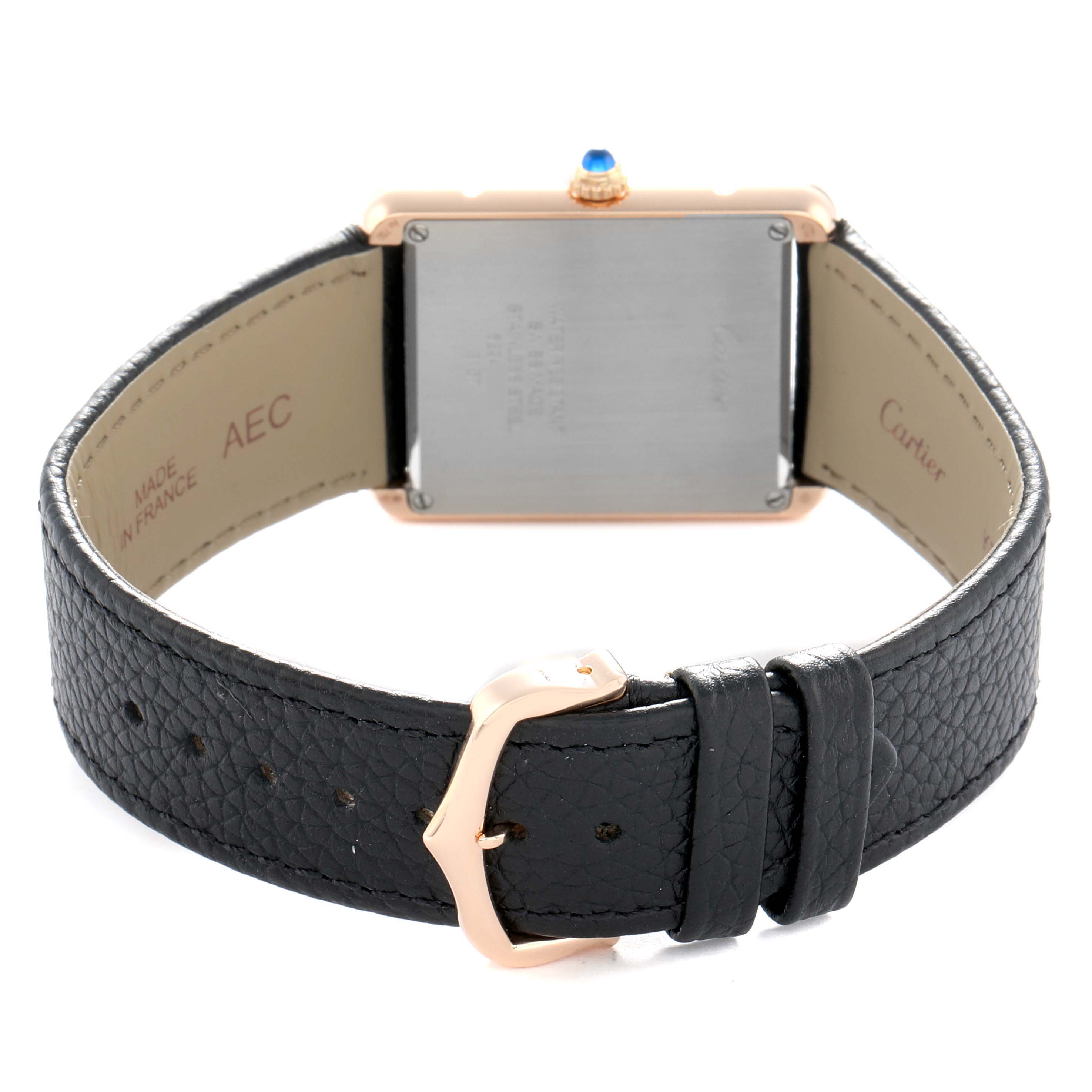 The image shows the back of the Cartier Tank Solo W5200025 Men
s Steel and Gold (two tone) Silver Dial watch, highlighting the case, leather strap, and buckle.