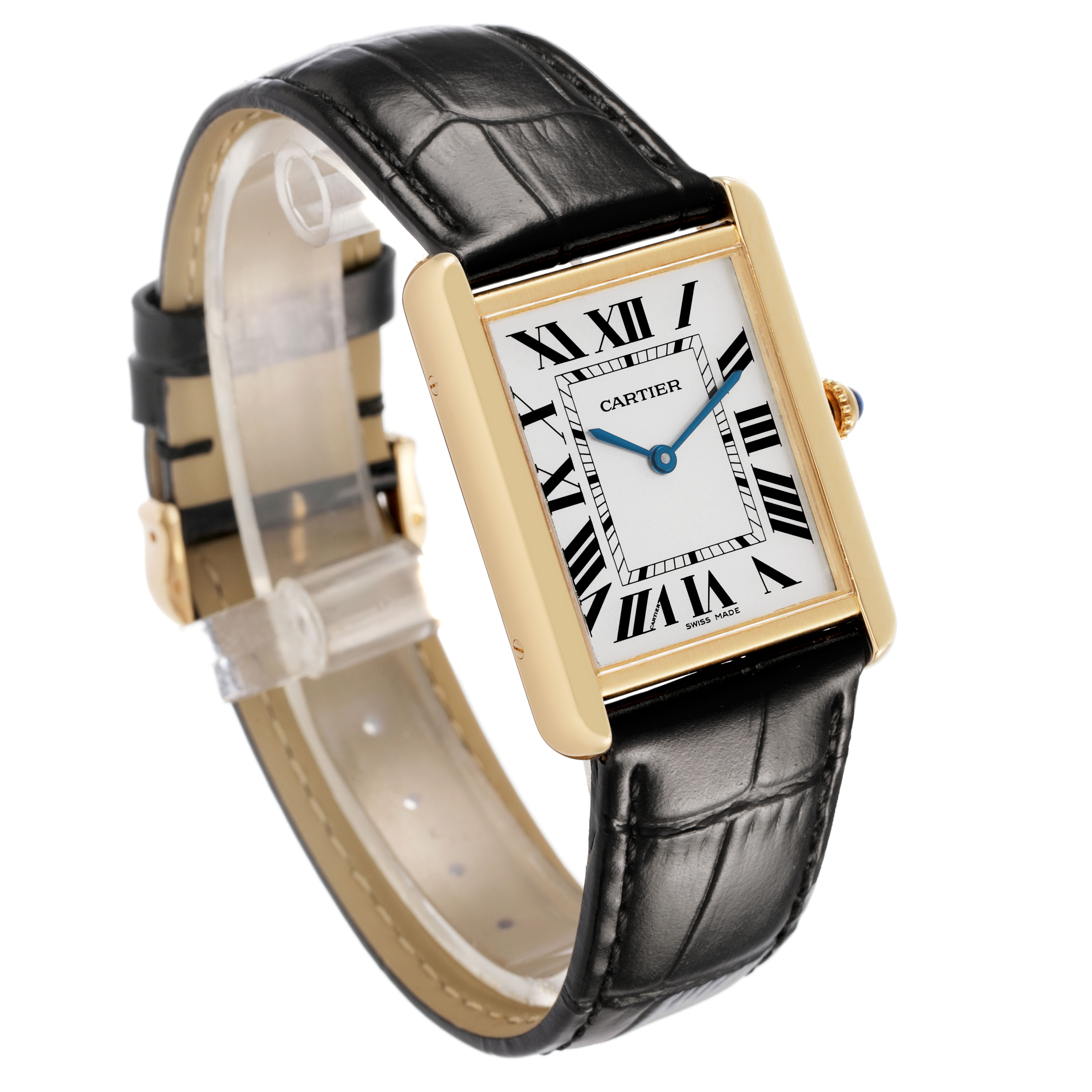 The Cartier Tank Solo W1018855 Men's Yellow Gold Silver Dial watch is shown at an angle highlighting its rectangular face, gold case, and black leather strap.
