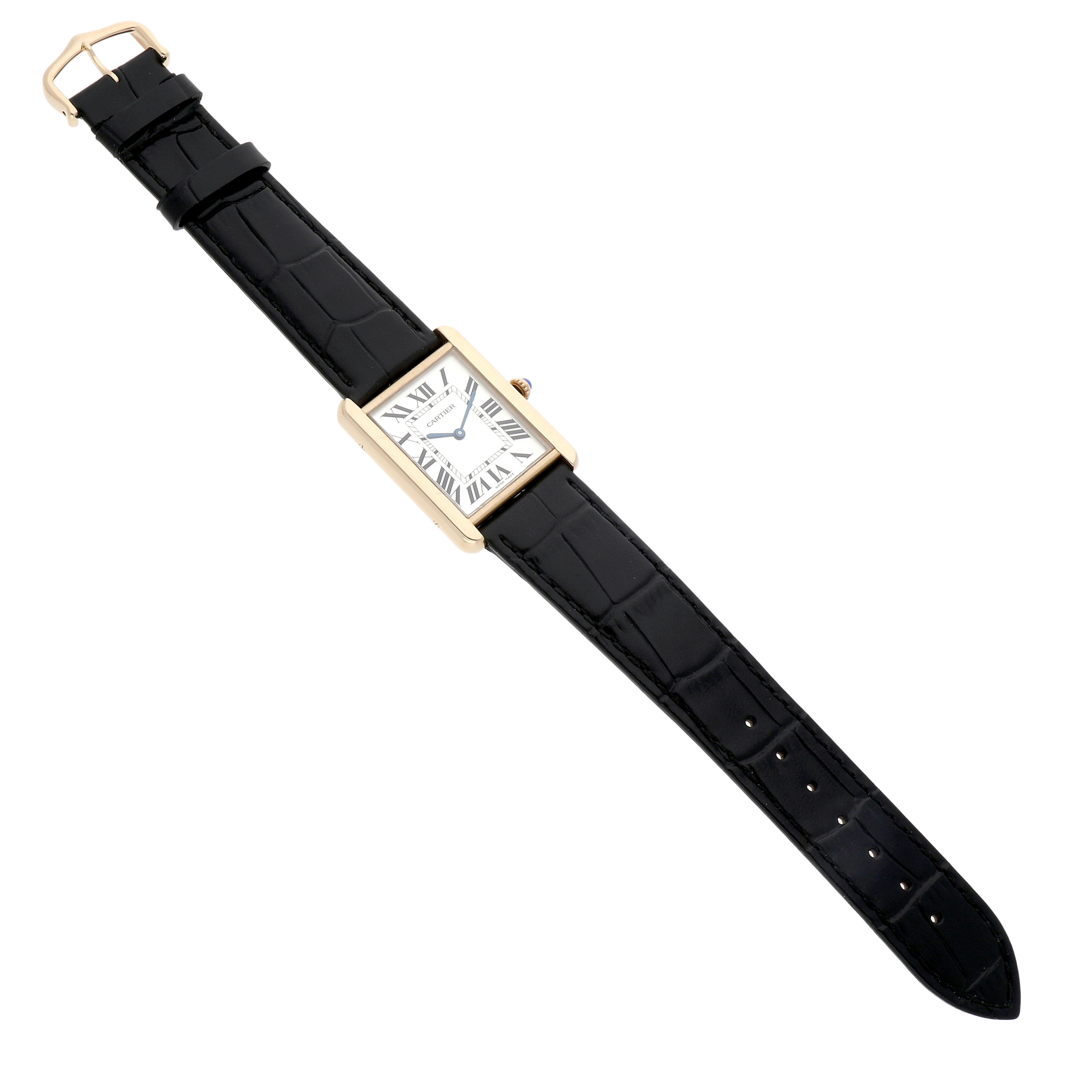 The Cartier Tank Solo W1018855 Men's Yellow Gold Silver Dial watch is shown at a slightly tilted angle, highlighting its rectangular face and black leather strap.