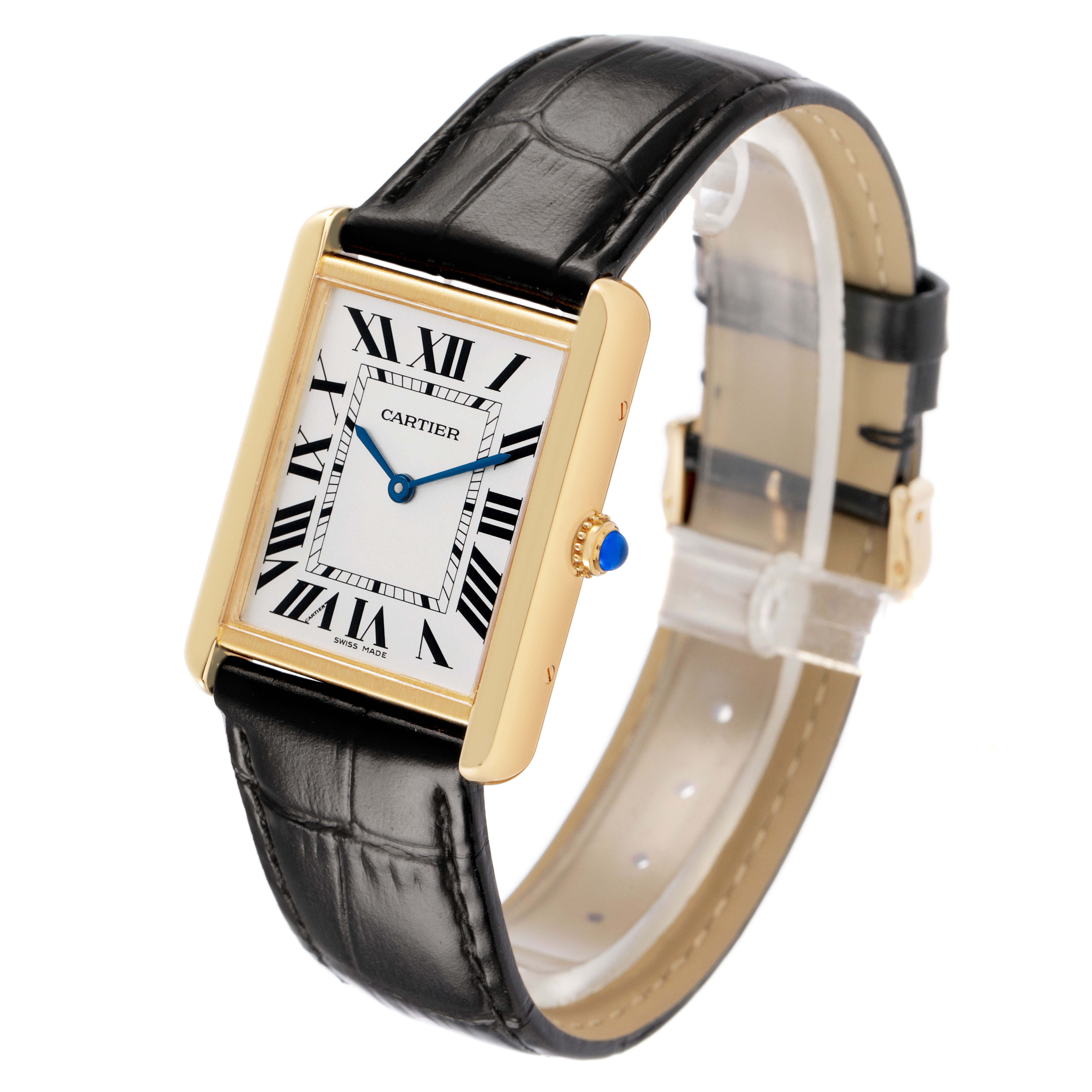 The Cartier Tank Solo W1018855 Men's Yellow Gold Silver Dial watch is shown at a slight angle, highlighting the rectangular face, Roman numerals, blue hands, and leather strap.