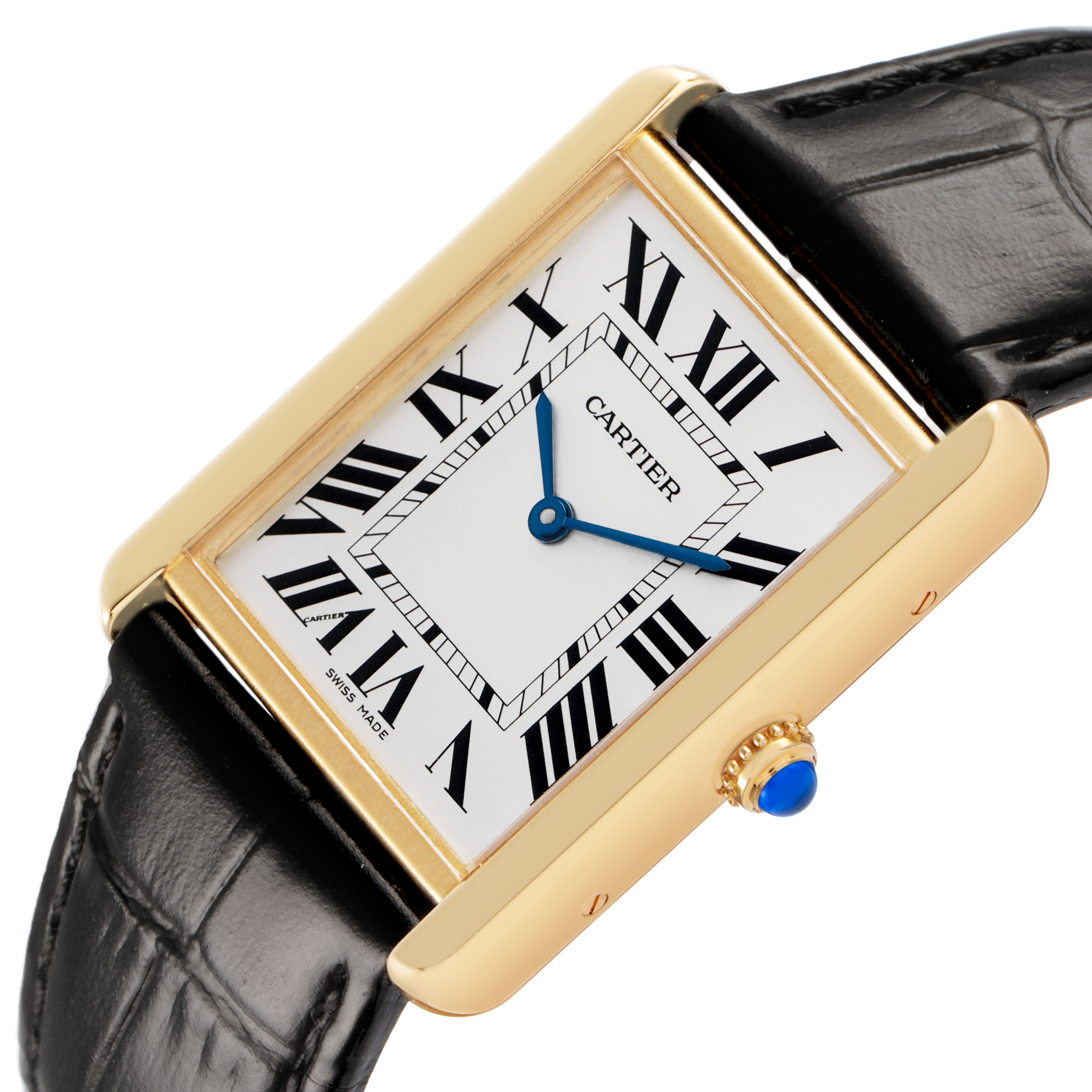 The Cartier Tank Solo W1018855 Men's Yellow Gold Silver Dial watch is shown at an angled, close-up view highlighting the face, bezel, strap, and crown.