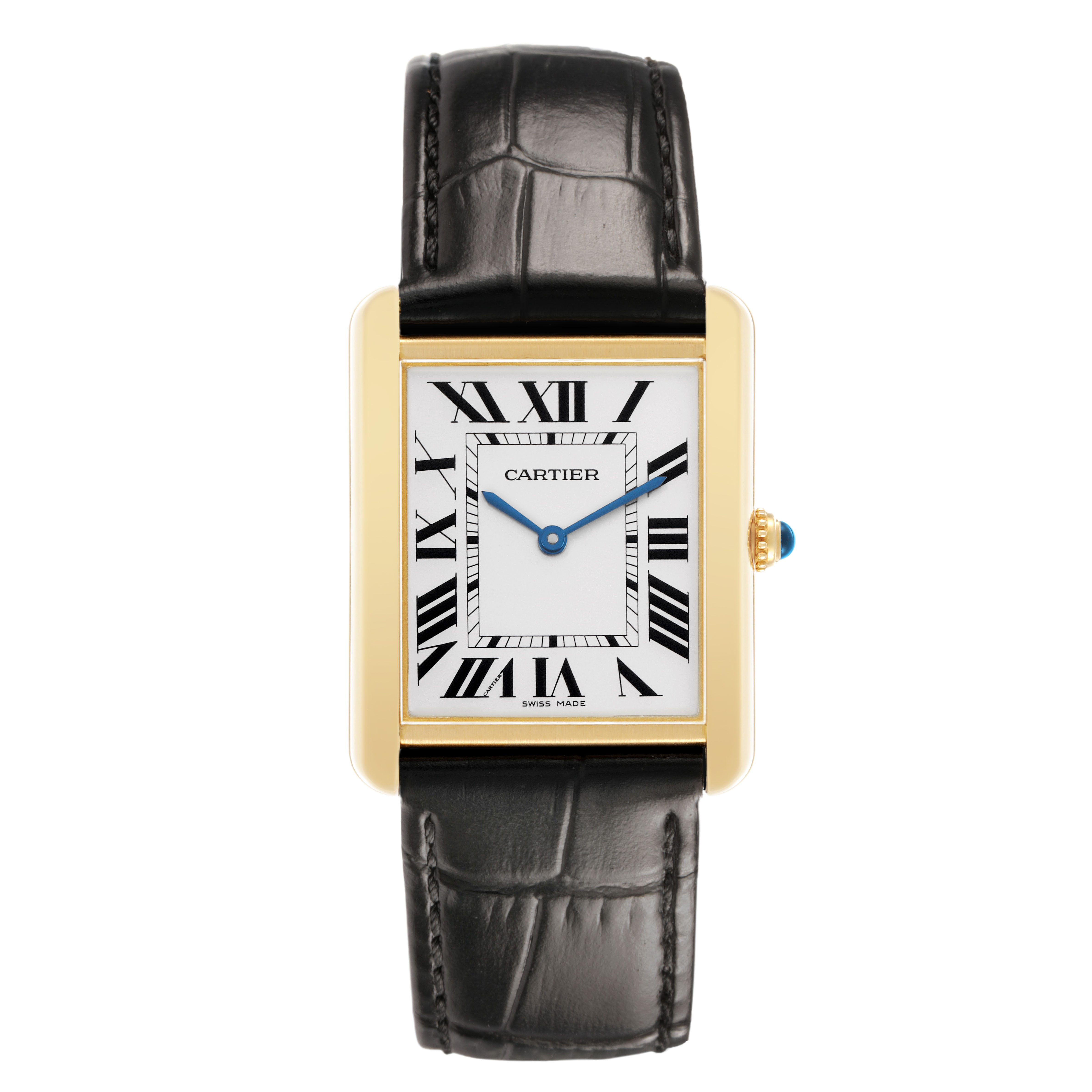 The Cartier Tank Solo W1018855 Men's Yellow Gold Silver Dial watch is shown from a top view, highlighting the rectangular face, Roman numerals, and black leather strap.