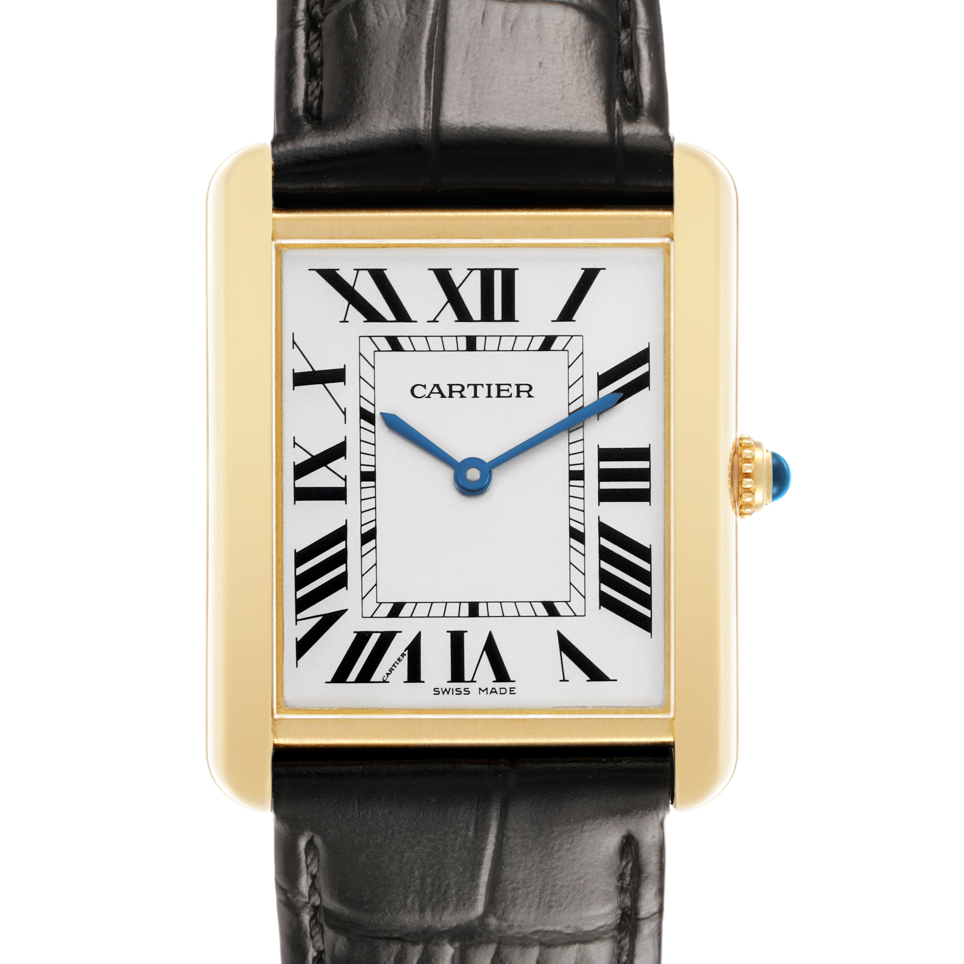 The Cartier Tank Solo W1018855 Men's Yellow Gold Silver Dial watch is shown from a front angle, highlighting its rectangular case, Roman numeral dial, and leather strap.