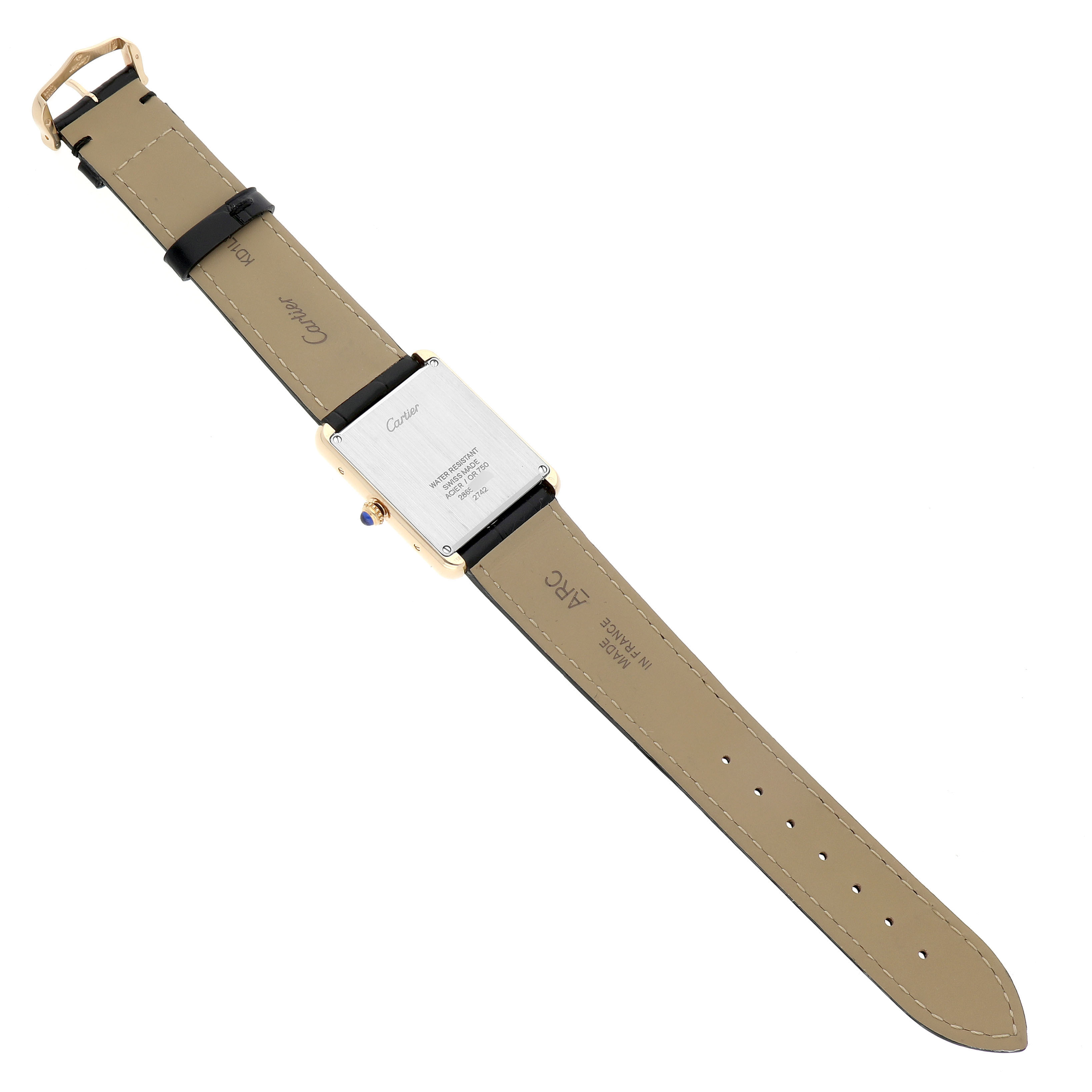 The image displays the back view of a Cartier Tank Solo W1018855 Men's Yellow Gold Silver Dial watch, showcasing the case back and leather strap.