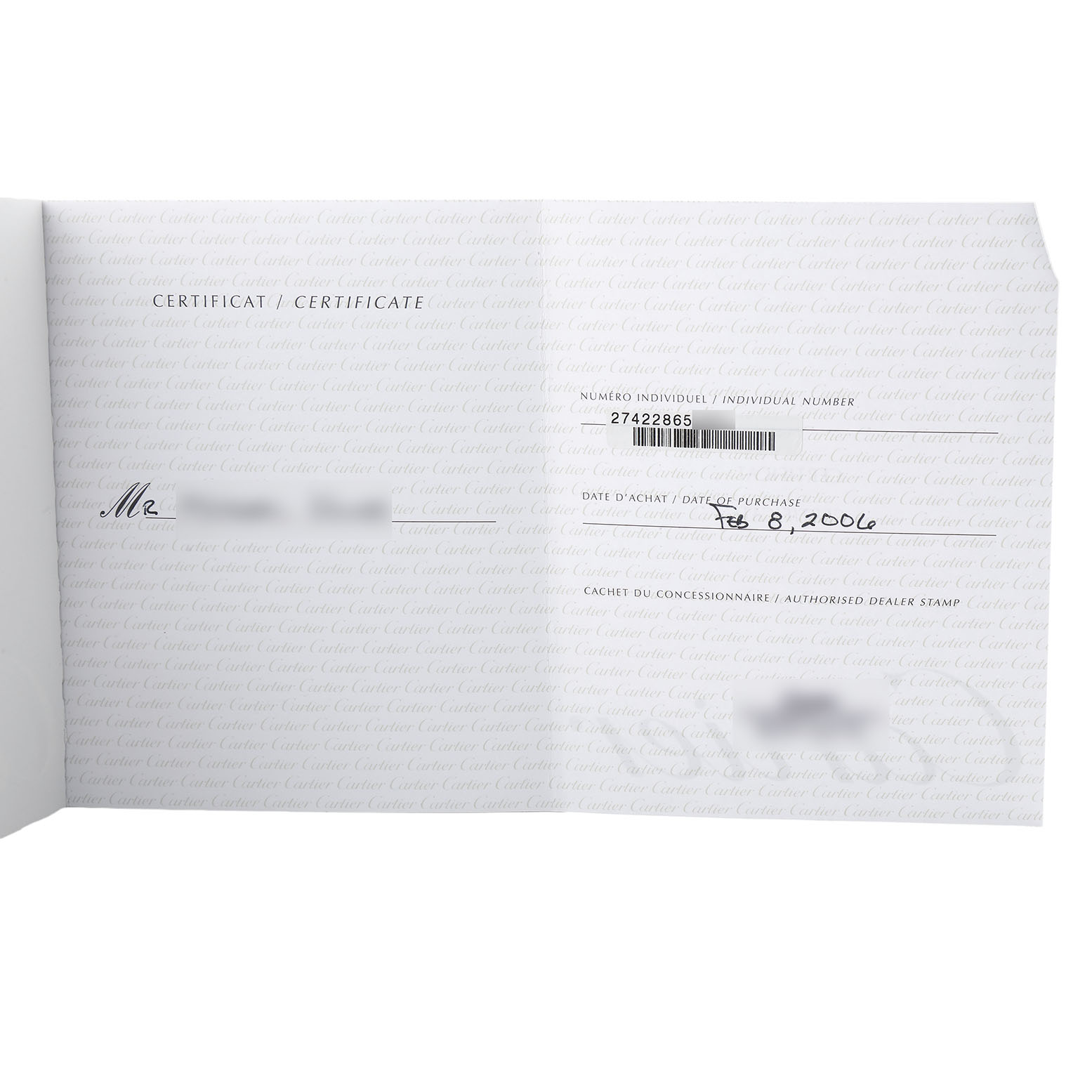 The image shows a certificate or warranty card for the Cartier Tank Solo W1018855 Men's Yellow Gold Silver Dial model.