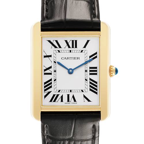The Cartier Tank Solo W1018855 Men's Yellow Gold Silver Dial watch is shown at a front angle, featuring a gold case, Roman numerals, and blue hands.