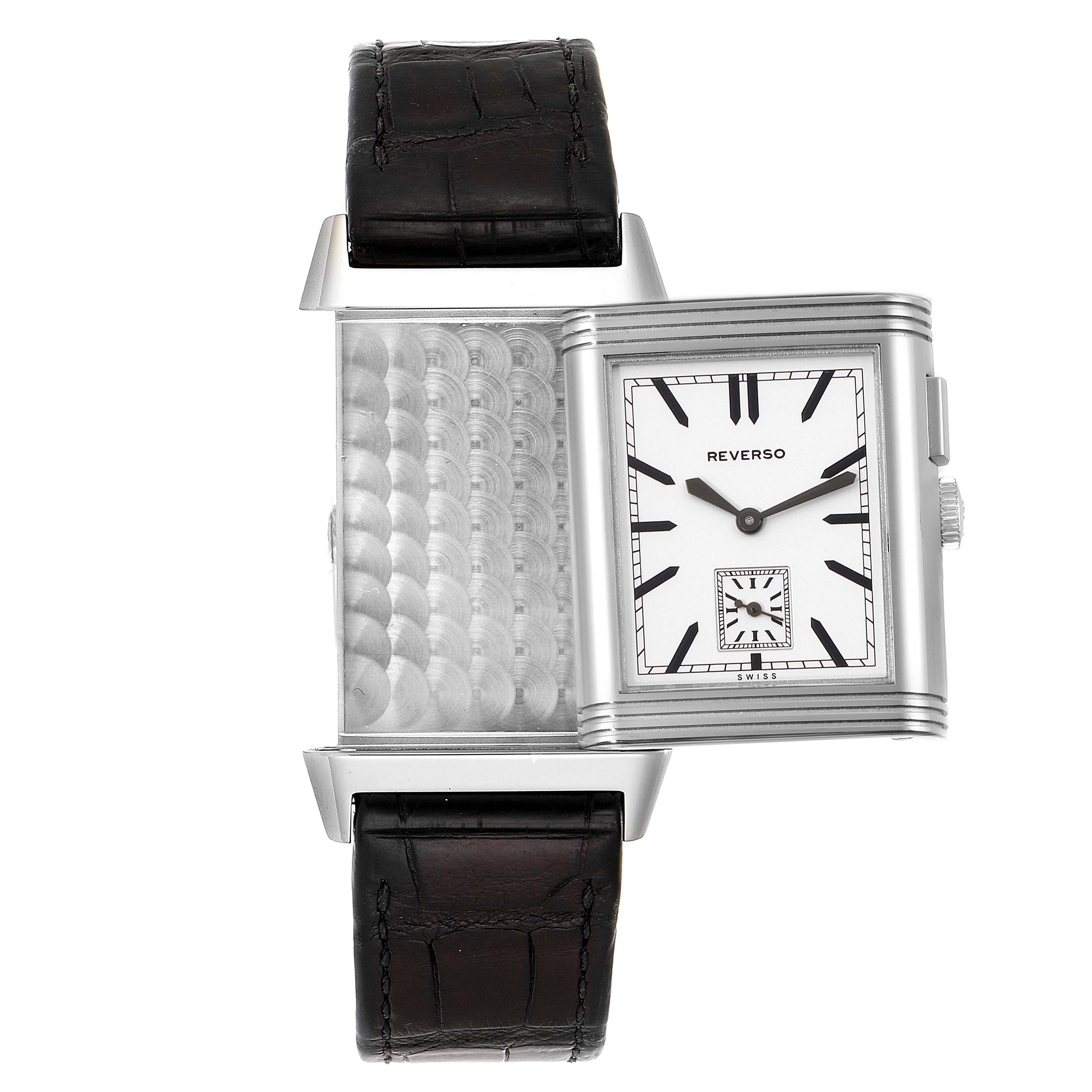 The image shows a Jaeger LeCoultre Reverso Q3788570 Men's Stainless Steel Silver Dial Q3788570 Men's Stainless Steel Silver Dial watch with its reversible case opened, displaying both its front dial and inner case.