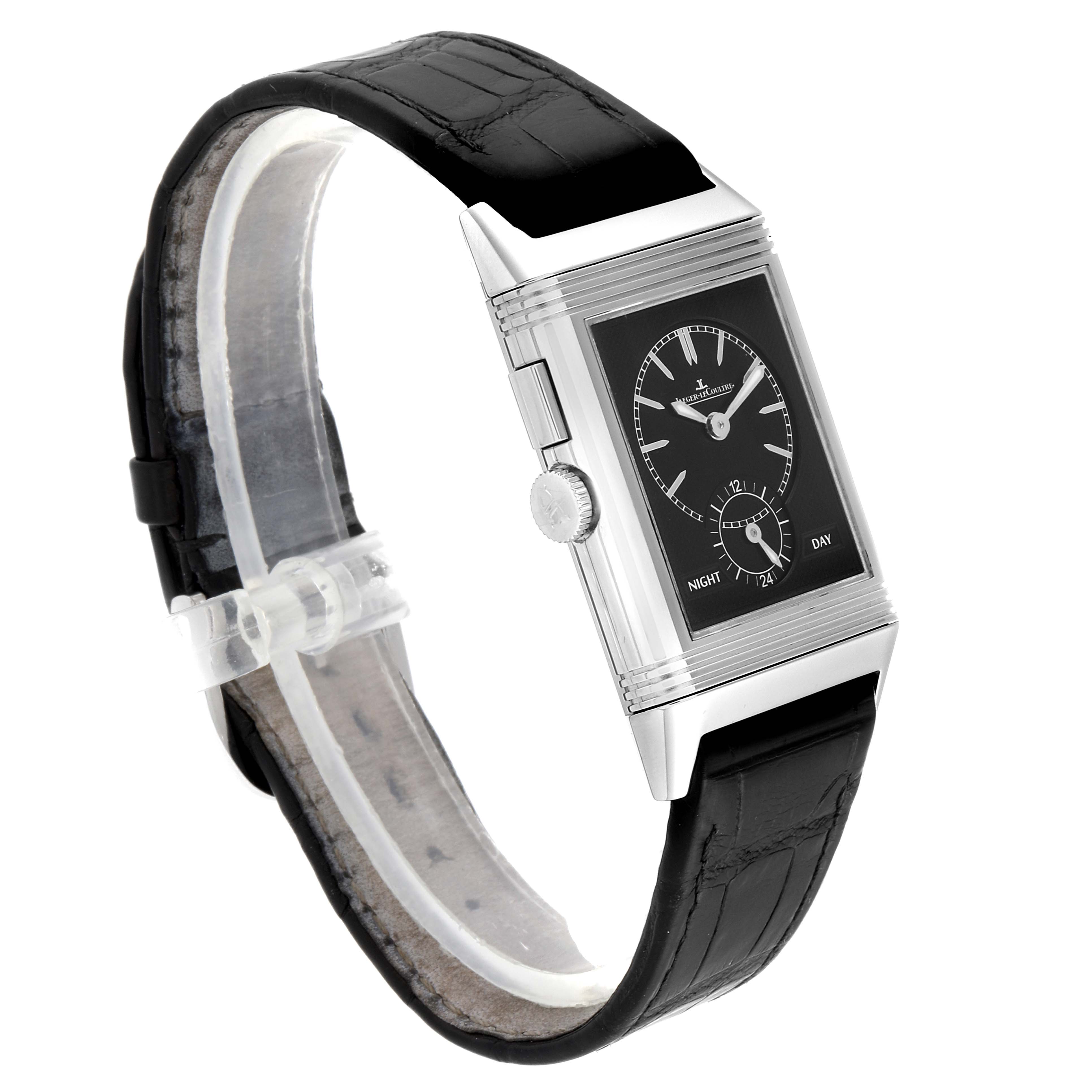 The image shows a side angle of a Jaeger-LeCoultre Reverso watch, highlighting its black strap and rectangular face.