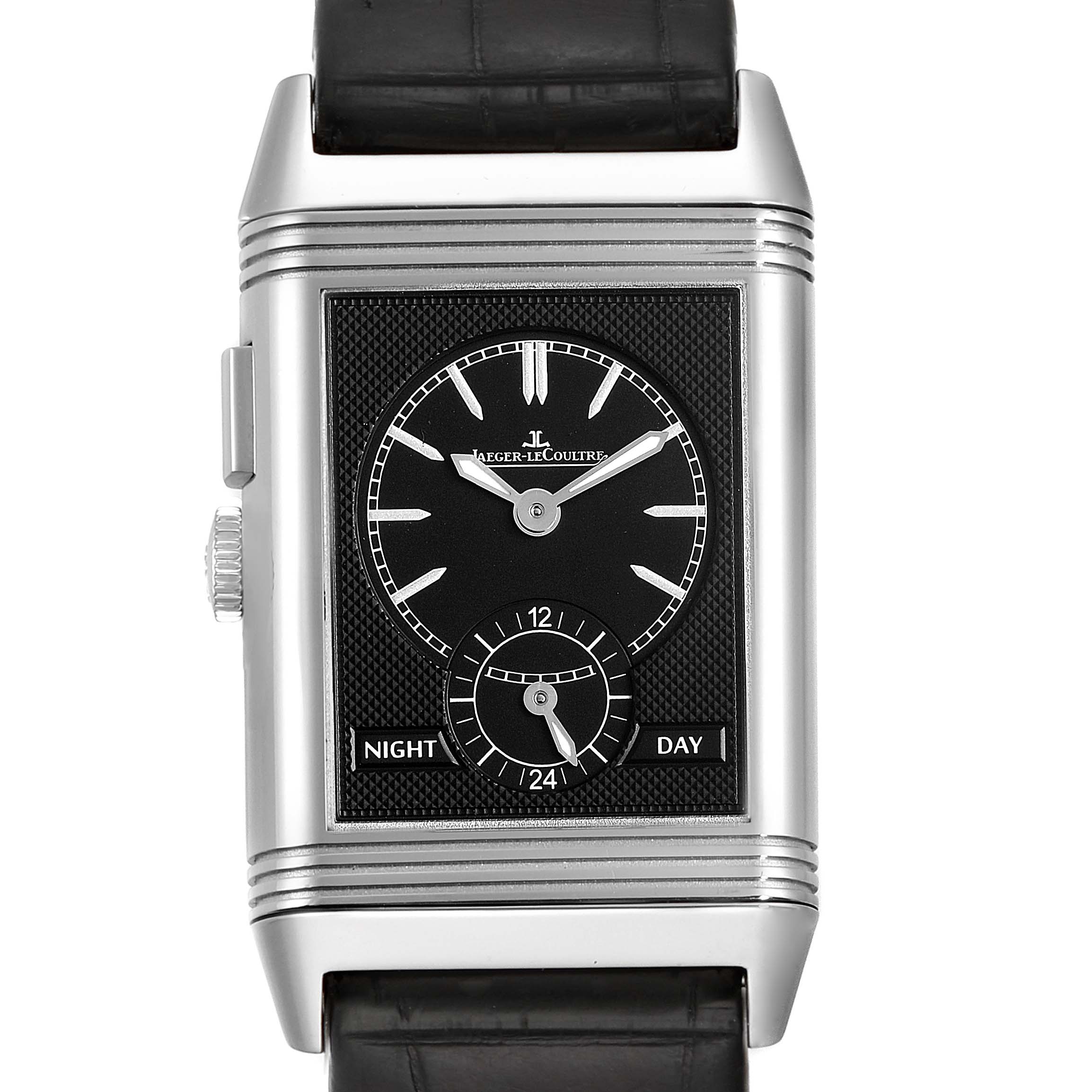 The image shows a front view of a Jaeger LeCoultre Reverso Q3788570 Men's Stainless Steel Silver Dial Q3788570 Men's Stainless Steel Silver Dial watch, highlighting its black dial, two sub-dials, and leather strap.