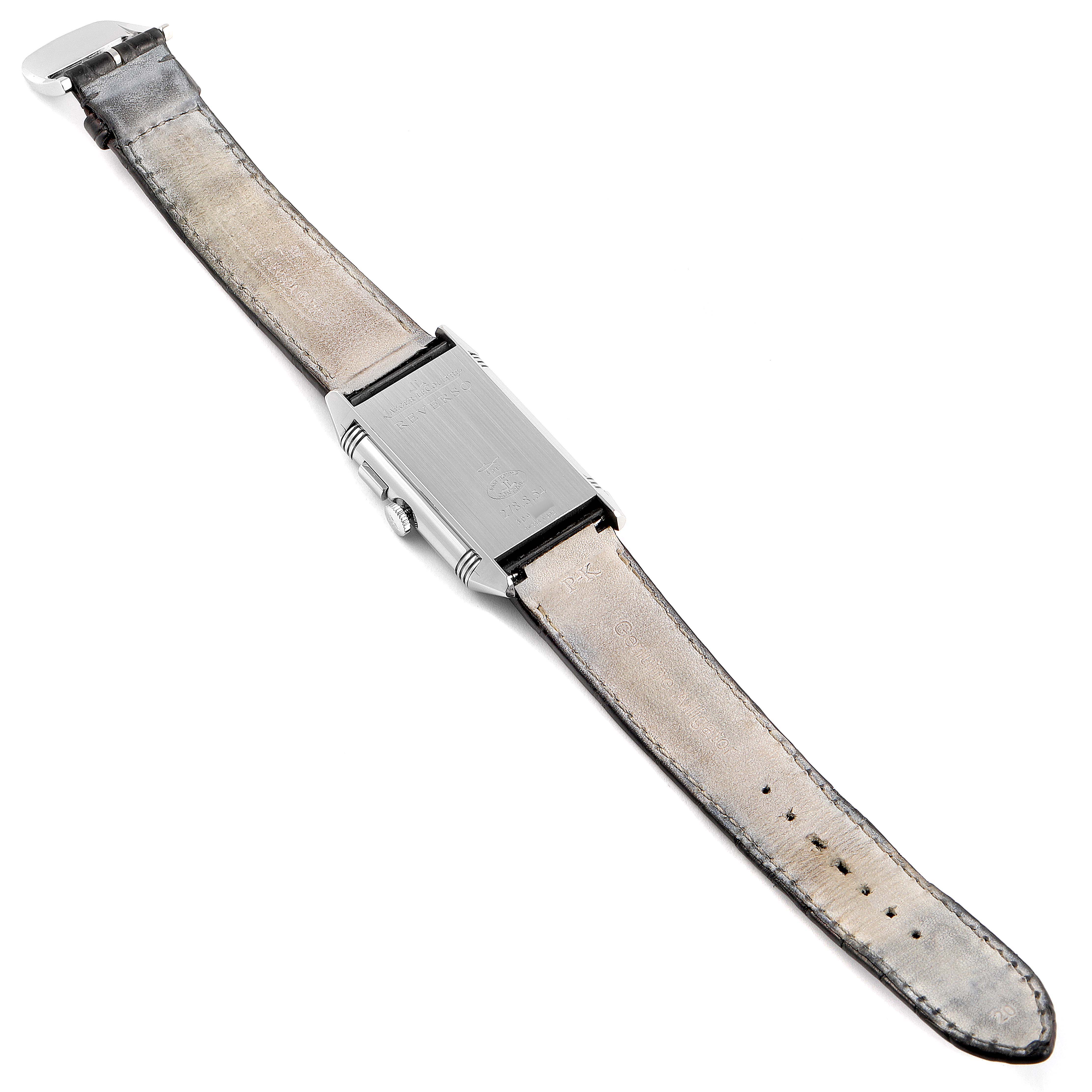 The image shows the underside and side profile of a Jaeger LeCoultre Reverso Q3788570 Men's Stainless Steel Silver Dial Q3788570 Men's Stainless Steel Silver Dial watch, highlighting the strap and case back.
