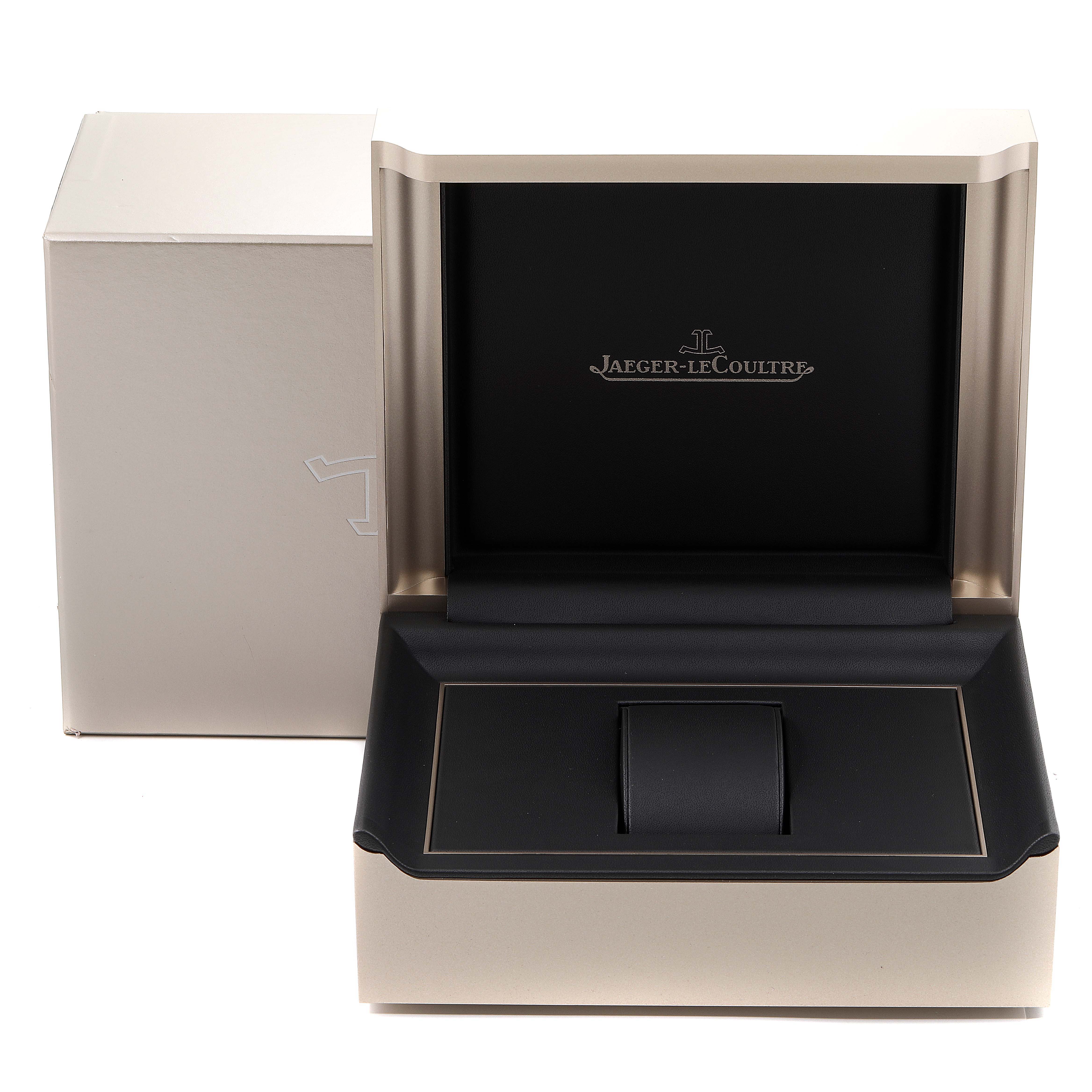 The image shows an open Jaeger-LeCoultre Reverso watch box from a front angle without the watch inside.