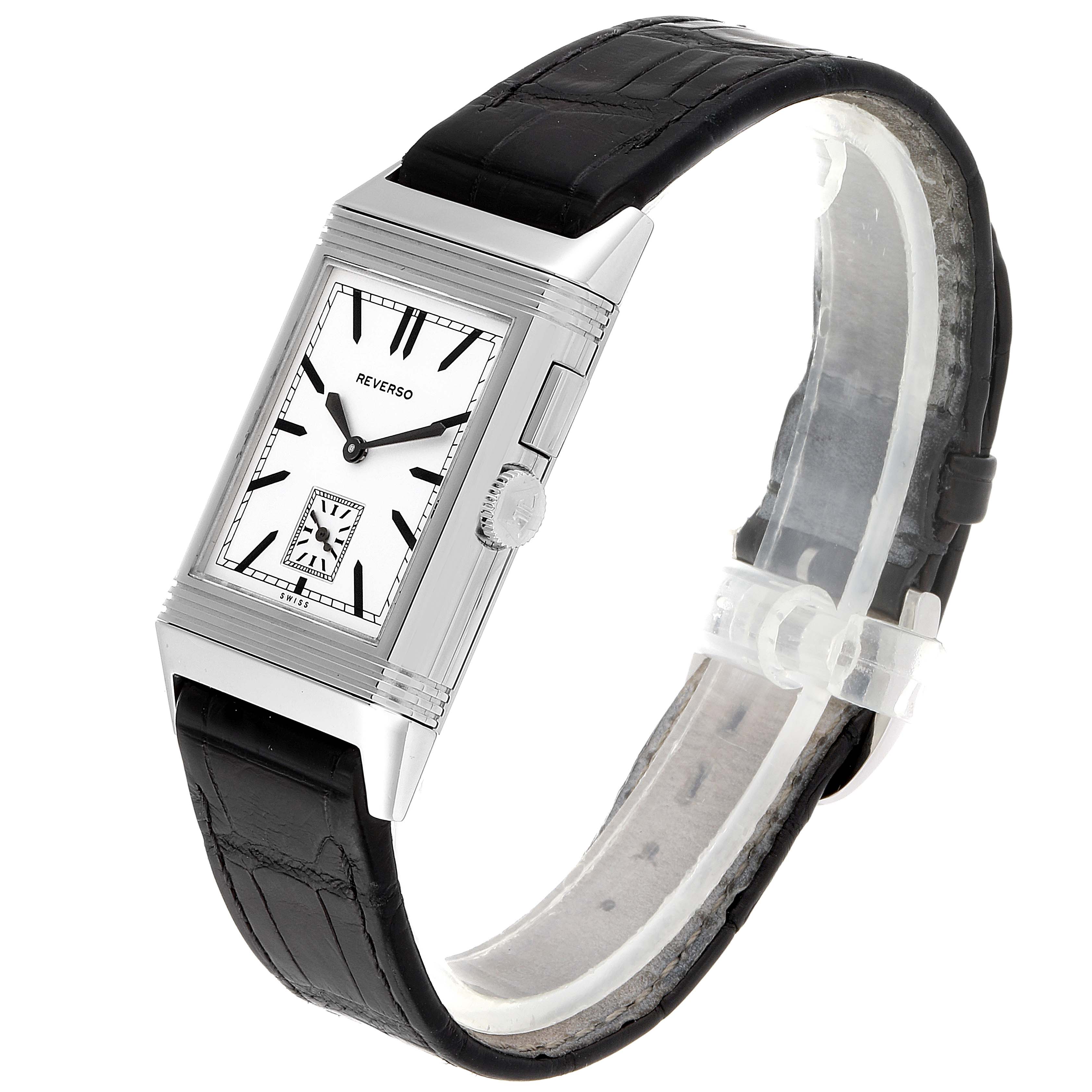 This image showcases the Jaeger-LeCoultre Reverso watch, highlighting its dial, strap, and crown, from a front and slightly tilted side view.