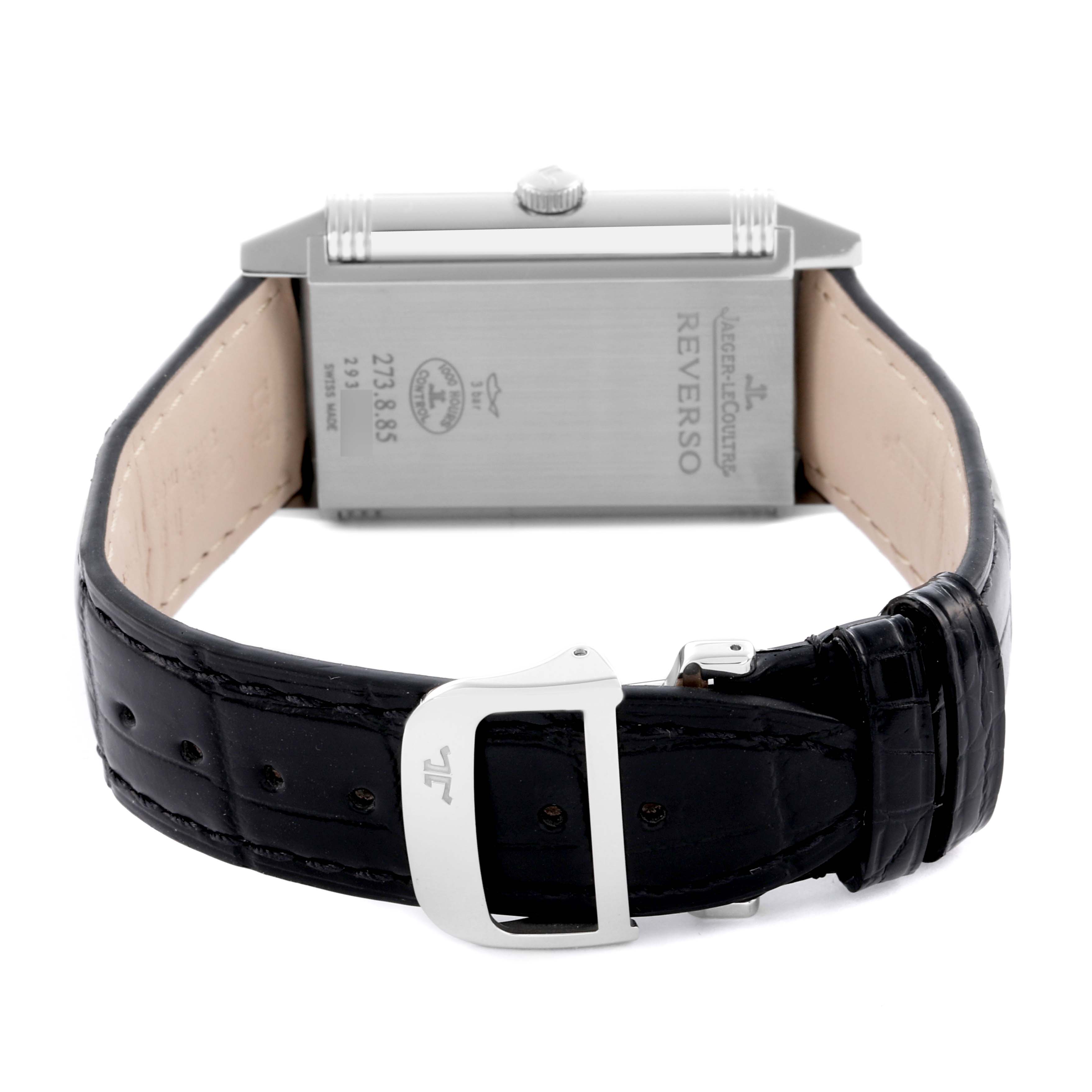 The image shows the back of a Jaeger LeCoultre Reverso Q3748421 Men
s Stainless Steel Silver Dial watch, highlighting the case back, crown, and black leather strap with a buckle.