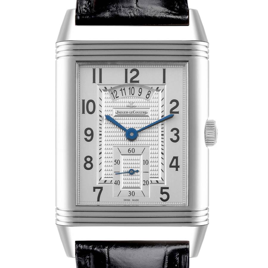 The Jaeger-LeCoultre Reverso watch is shown from a front angle, displaying the rectangular face, Arabic numerals, and blue hands.