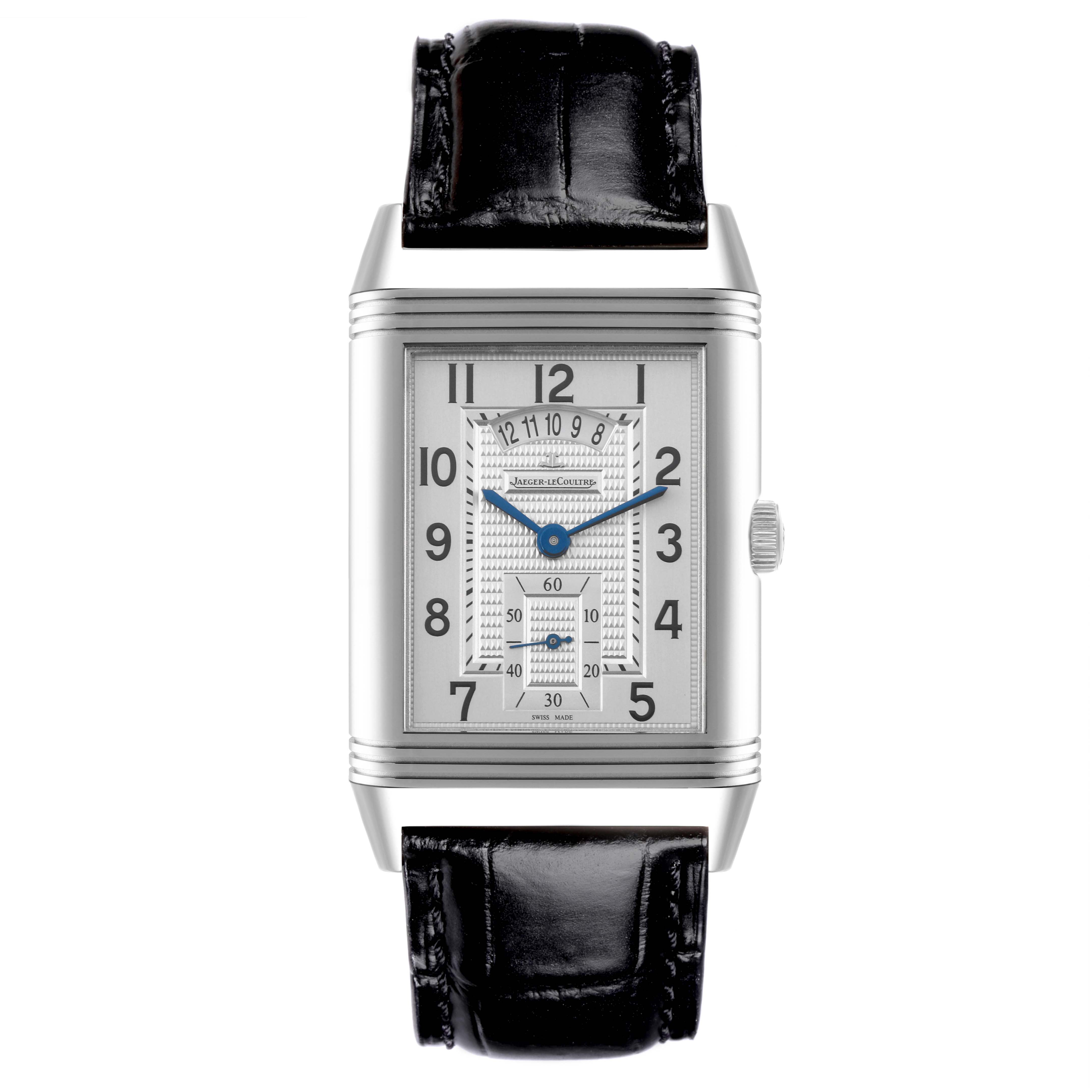 The Jaeger-LeCoultre Reverso watch is shown from the front, displaying its rectangular face, dial, hands, and strap.