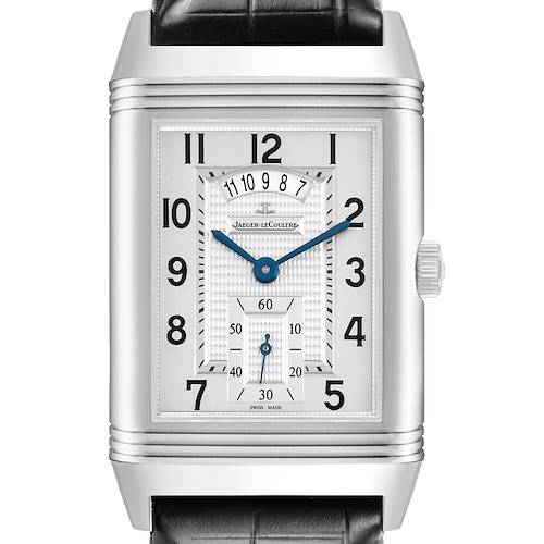The Jaeger-LeCoultre Reverso watch is shown from a front angle, highlighting its face and rectangular design.