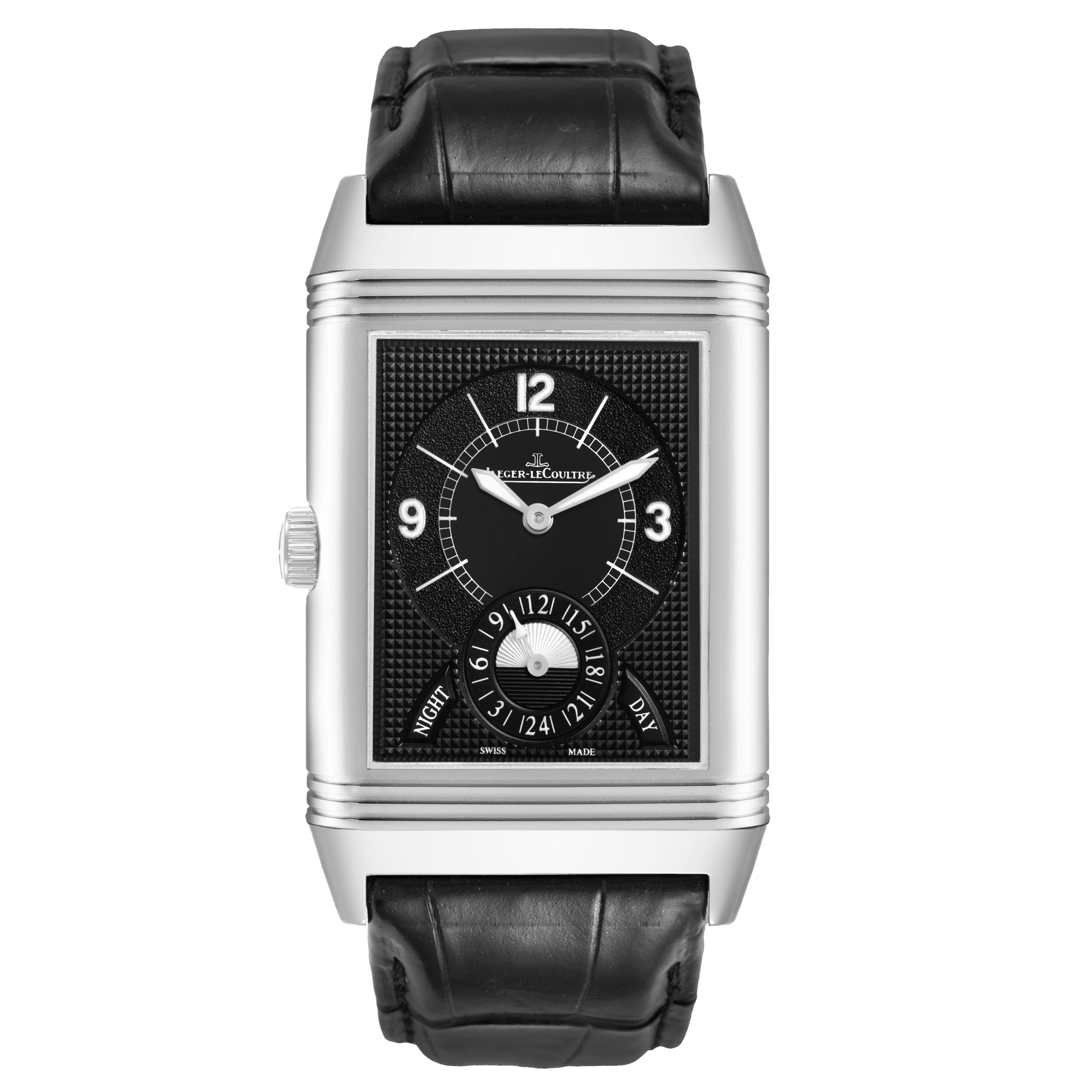 The Jaeger-LeCoultre Reverso watch is shown from the front, displaying its face, case, and black leather strap.