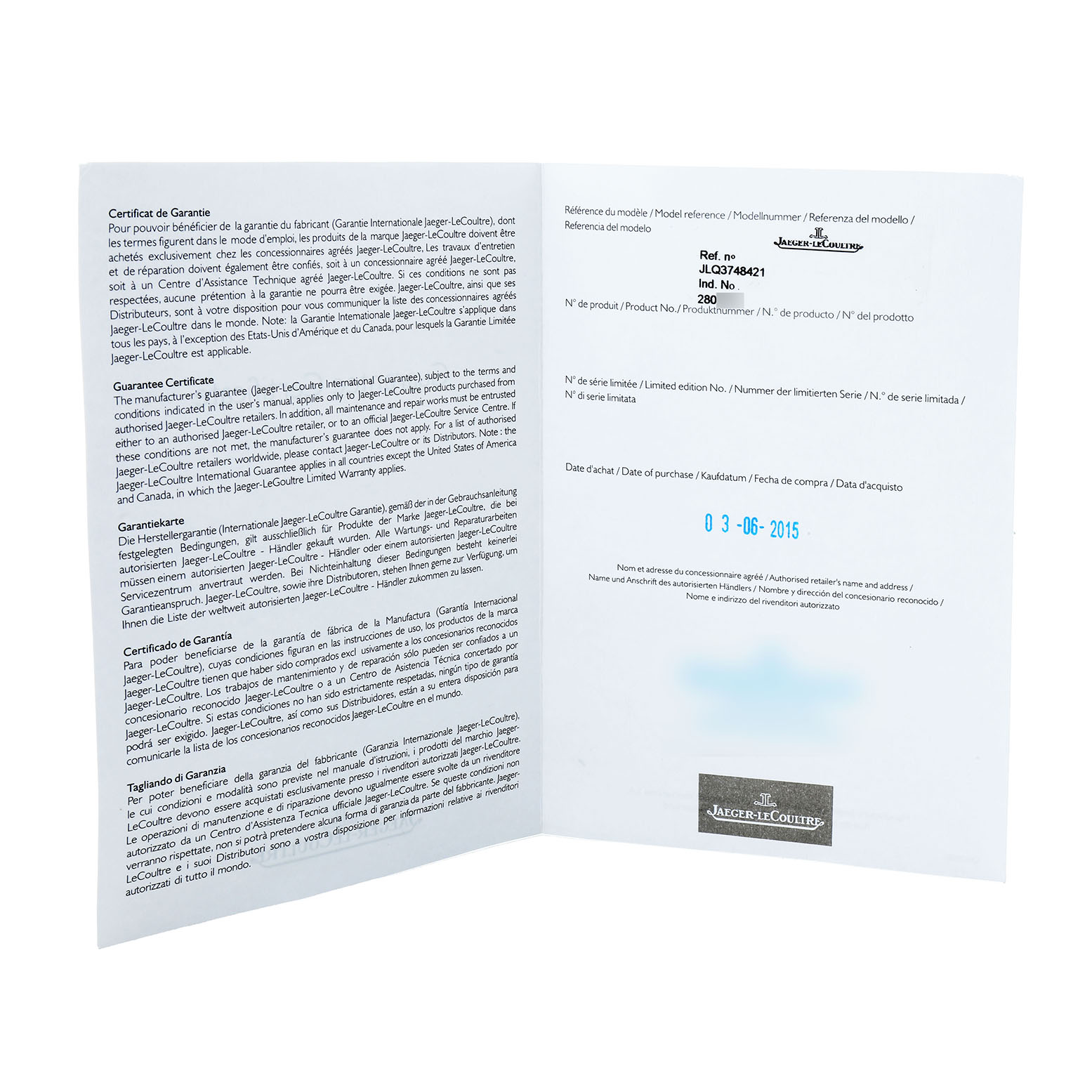 The image shows an open warranty certificate booklet for a Jaeger-LeCoultre Reverso watch, displaying text and brand logo.