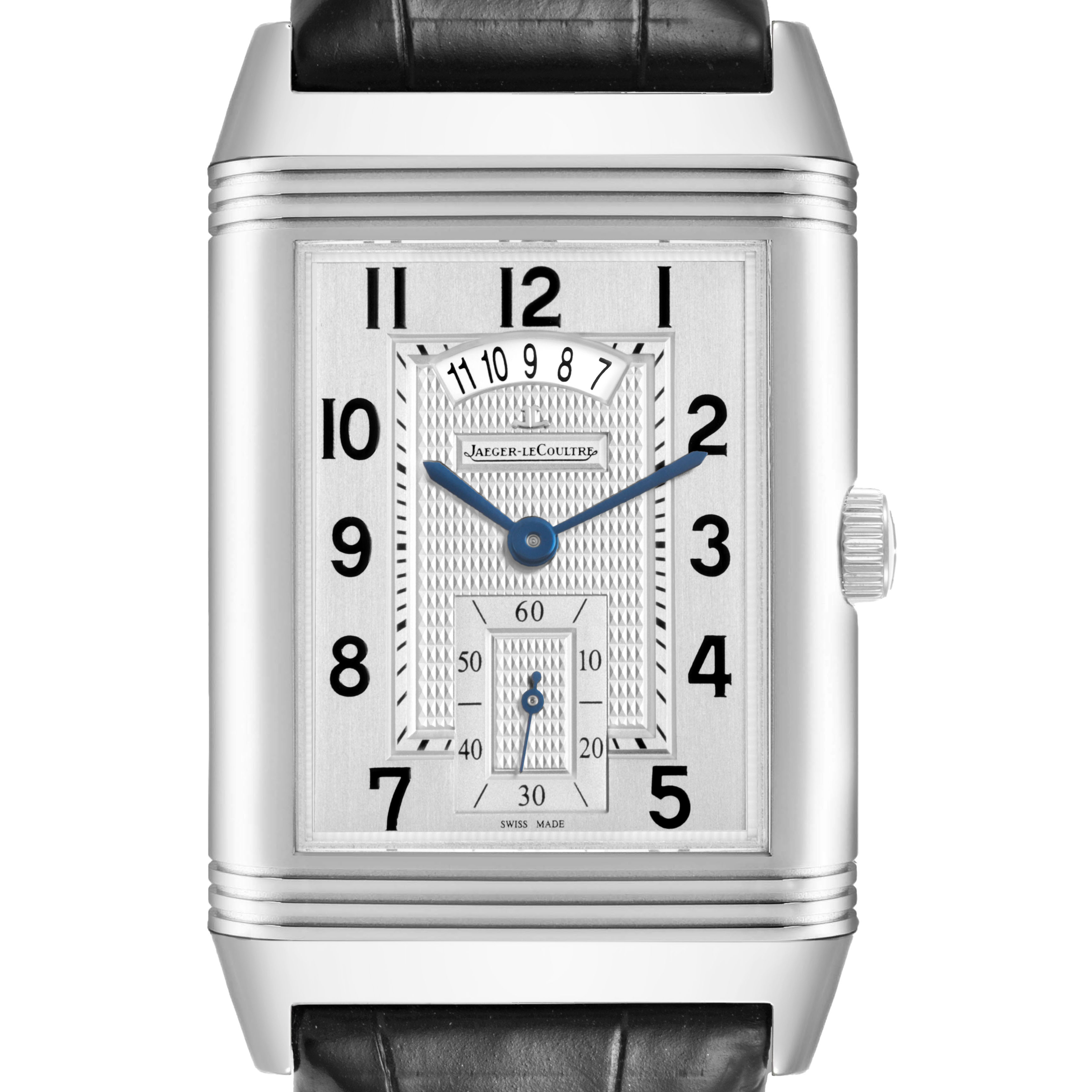 The image shows a front view of the Jaeger-LeCoultre Reverso watch, highlighting the dial, case, crown, and strap.