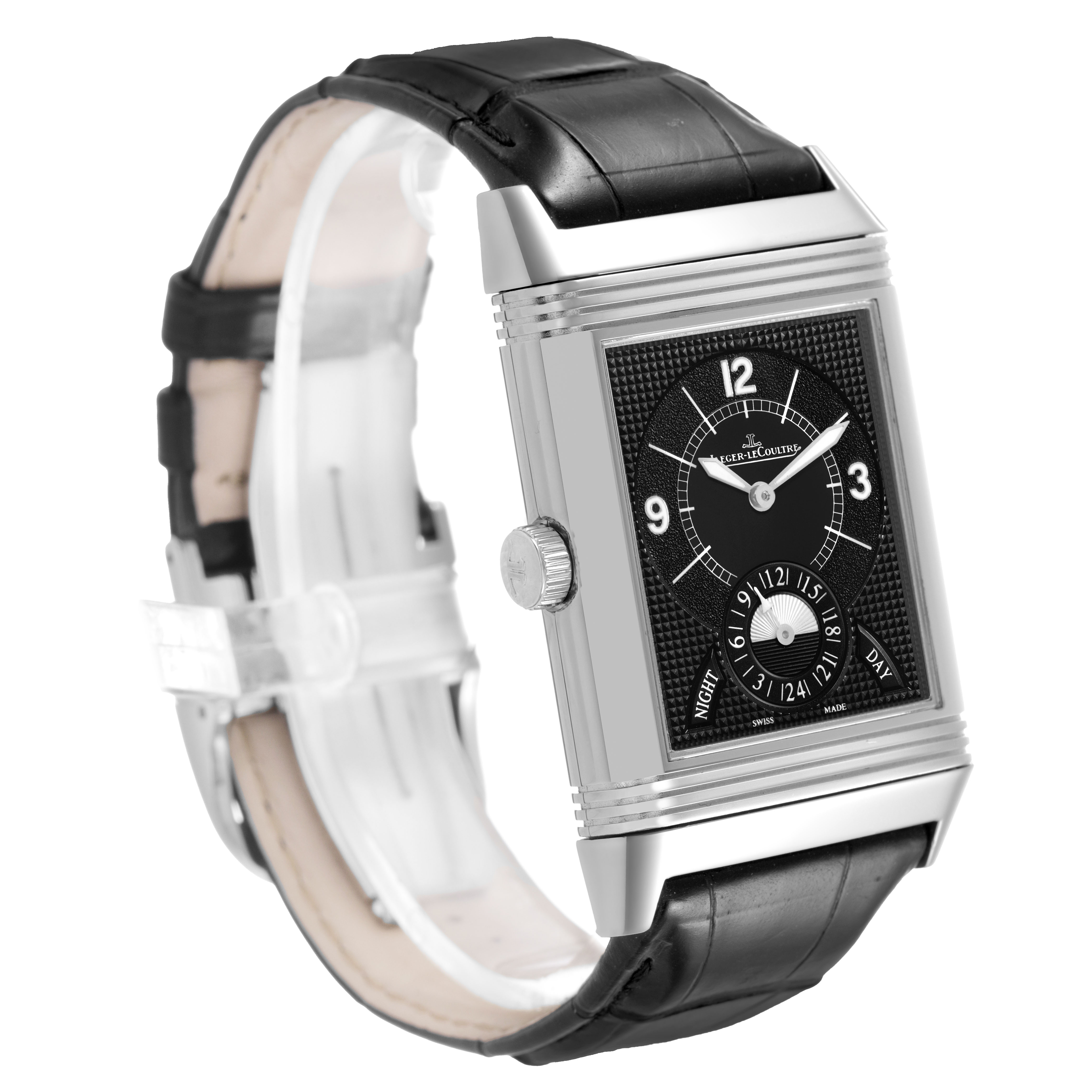 The Jaeger-LeCoultre Reverso watch is shown at a three-quarter angle, highlighting its rectangular face, crown, and black strap.