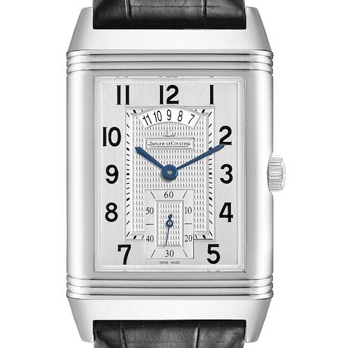 The Jaeger-LeCoultre Reverso watch is shown from the front, highlighting its rectangular dial and crown.