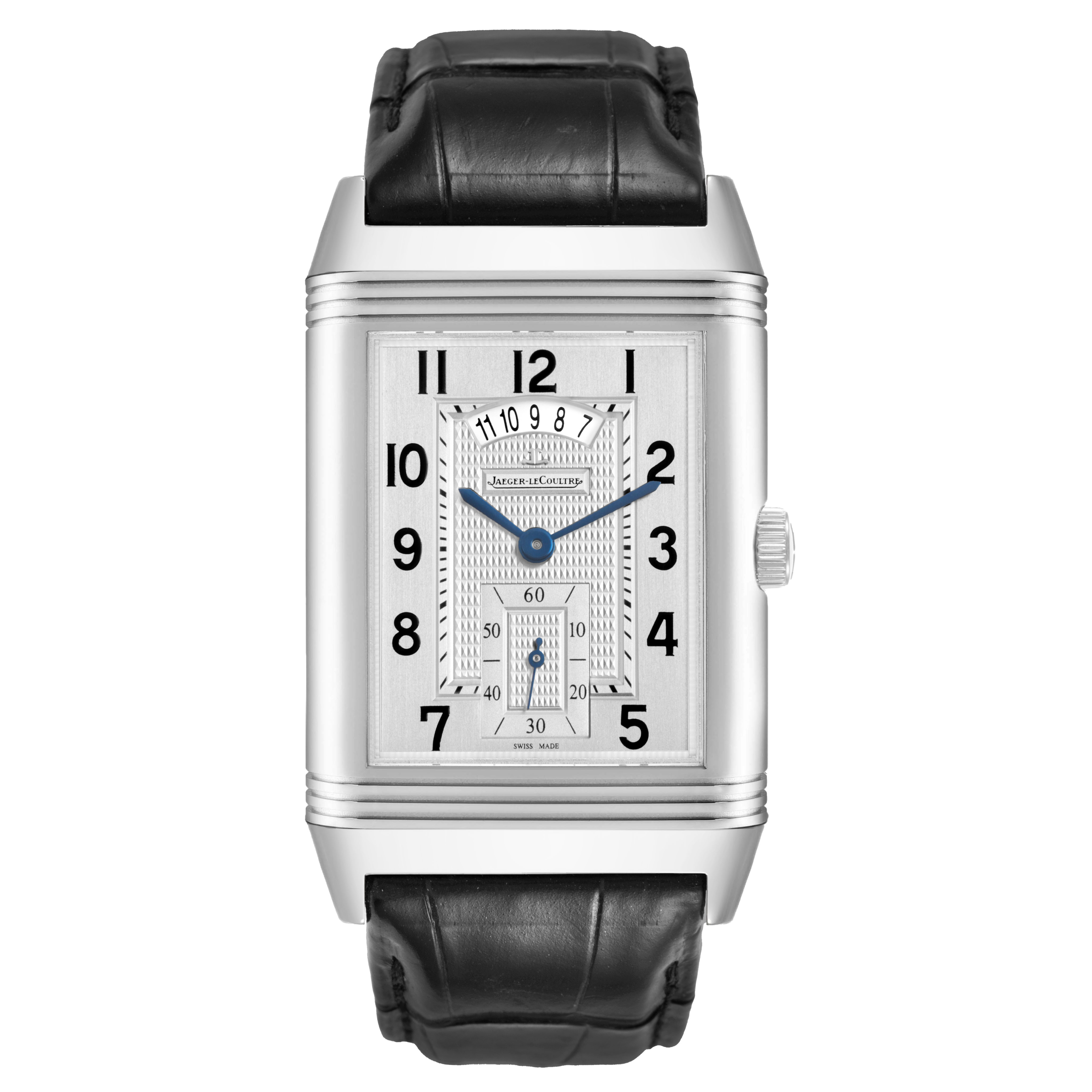 The image shows a Jaeger LeCoultre Reverso Q3748421 / 273.8.85 Men's Stainless Steel Silver Dial watch from a front angle, displaying the dial, case, and leather strap.