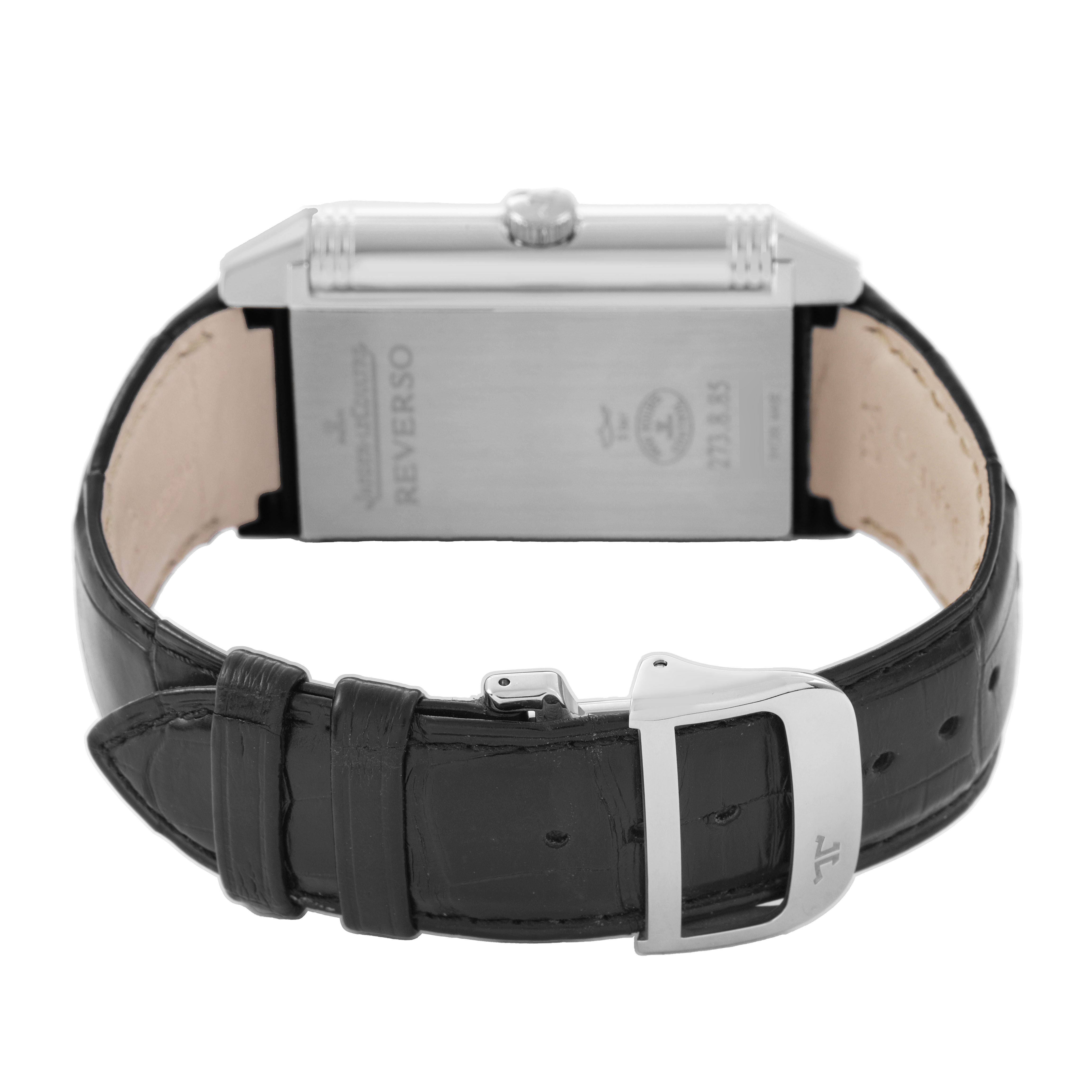 The image shows the back case and clasp of a Jaeger LeCoultre Reverso Q3748421 / 273.8.85 Men's Stainless Steel Silver Dial watch at a rear angle.