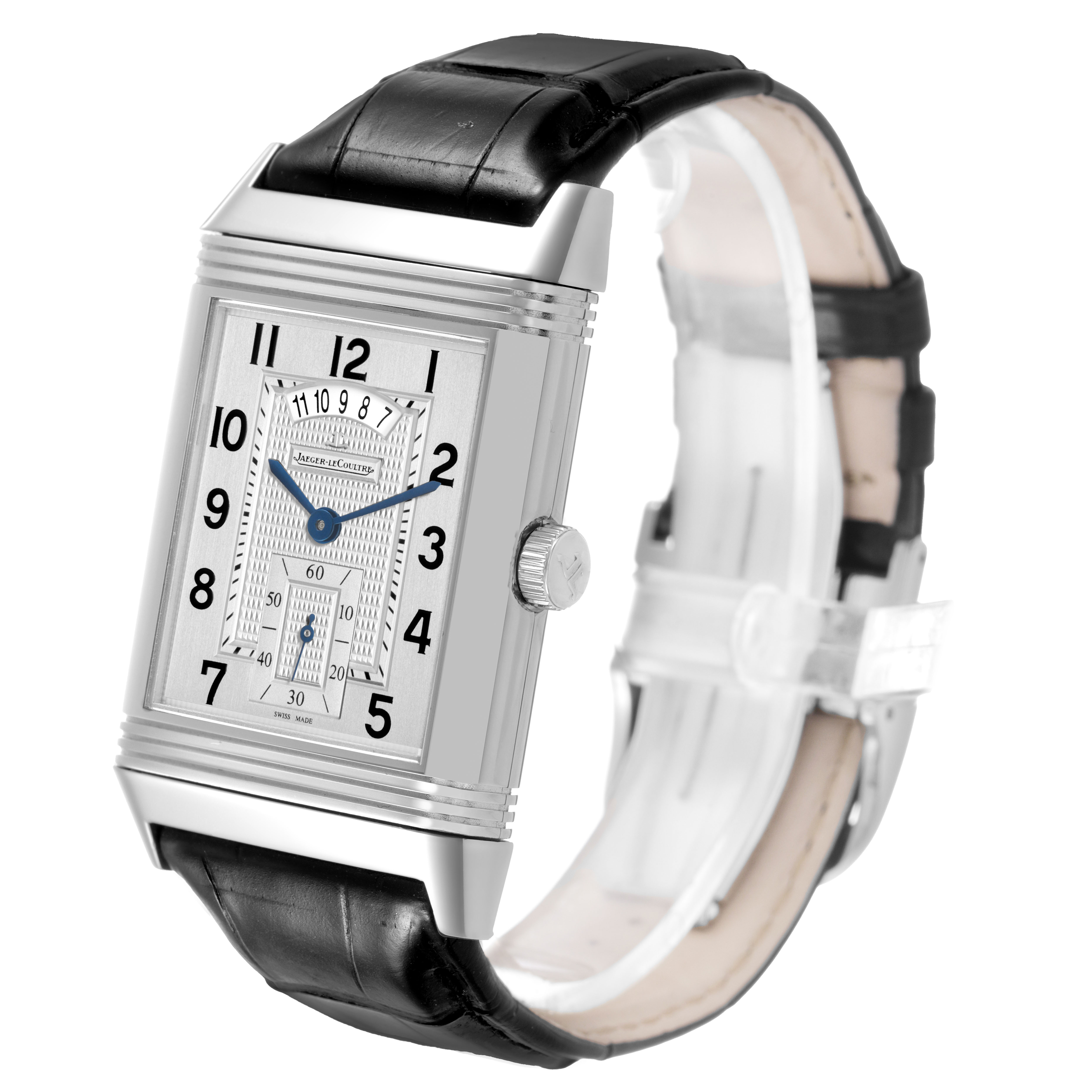 The Jaeger-LeCoultre Reverso watch is shown at an angled side view, revealing its rectangular face, crown, and leather strap.