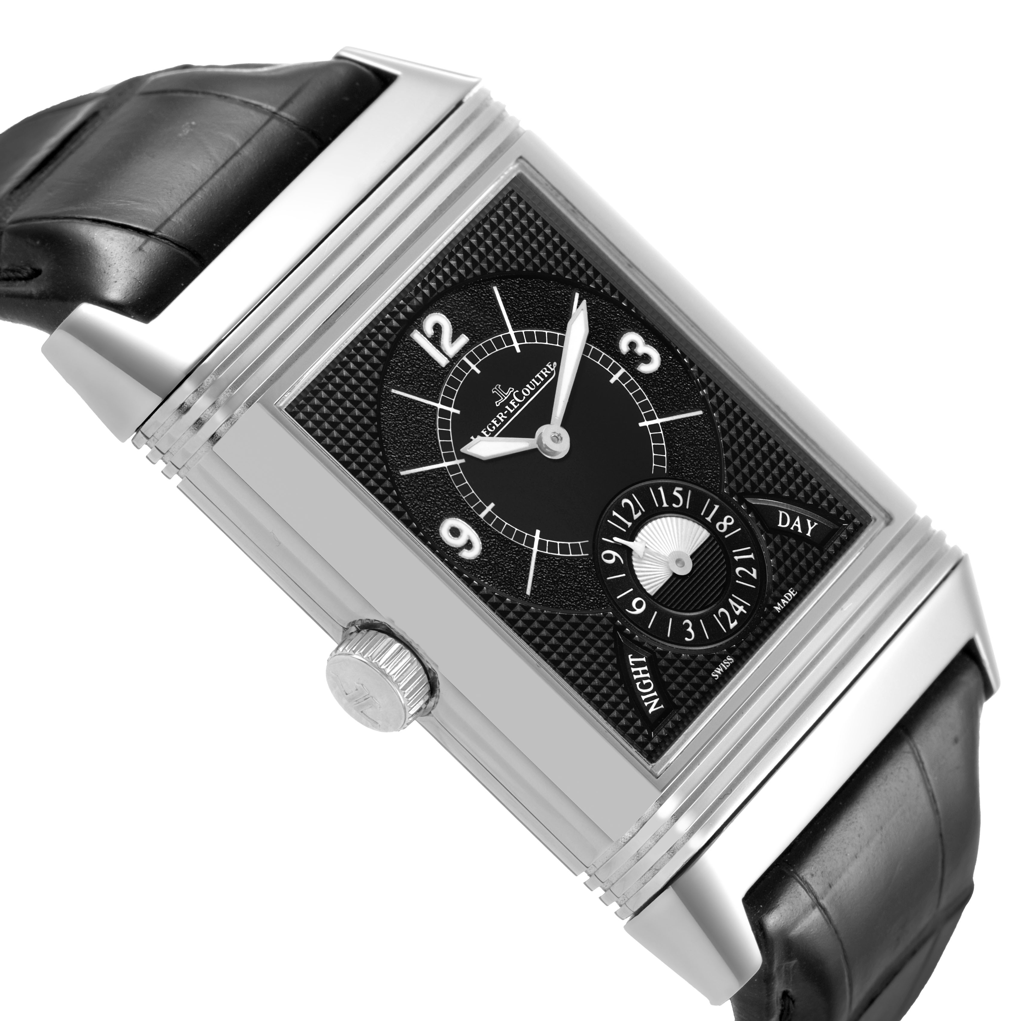 The Jaeger-LeCoultre Reverso watch is shown at a slight angle, featuring the face, crown, and strap.