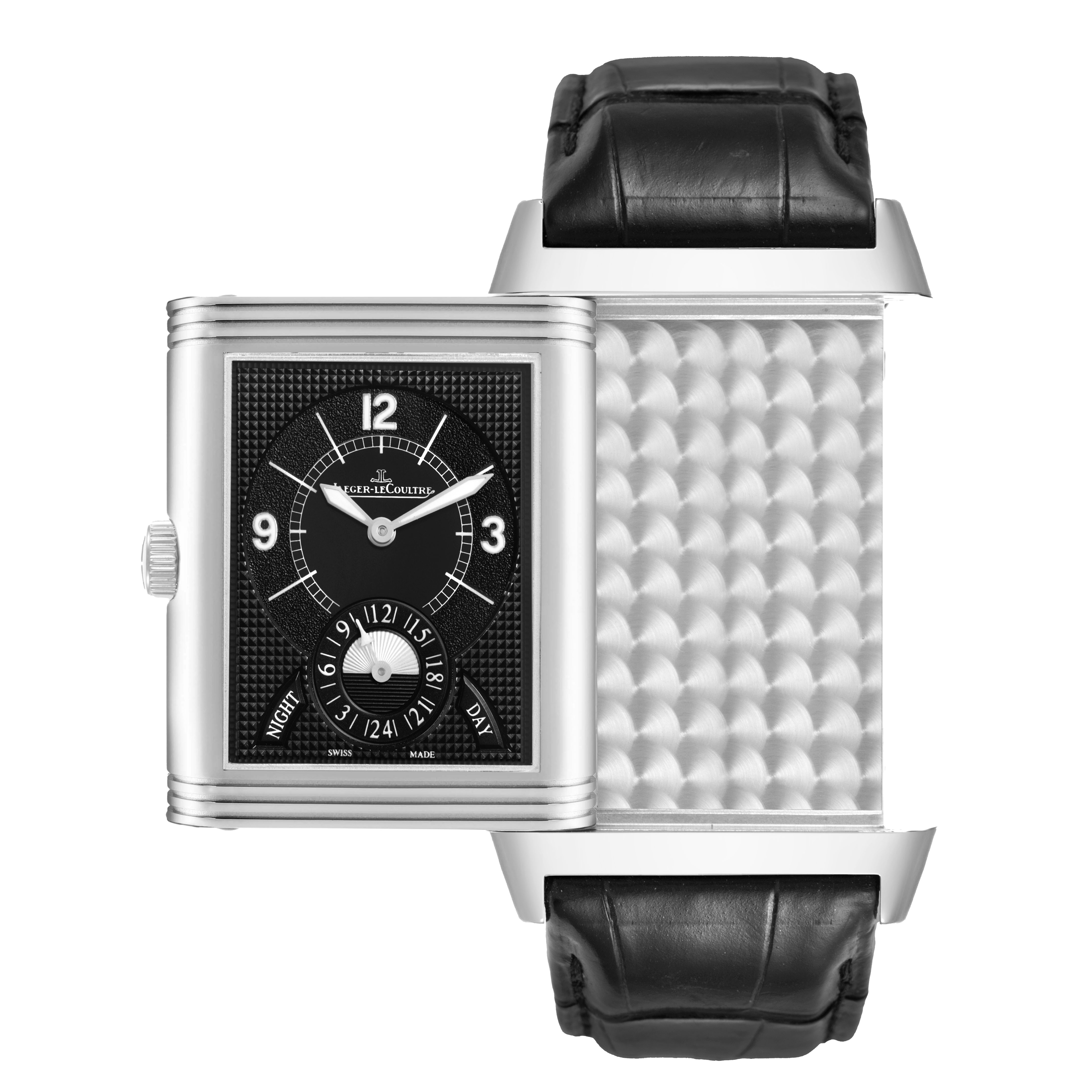 The Jaeger LeCoultre Reverso Q3748421 / 273.8.85 Men's Stainless Steel Silver Dial watch is shown partially flipped, displaying both the front dial and the patterned reverse.