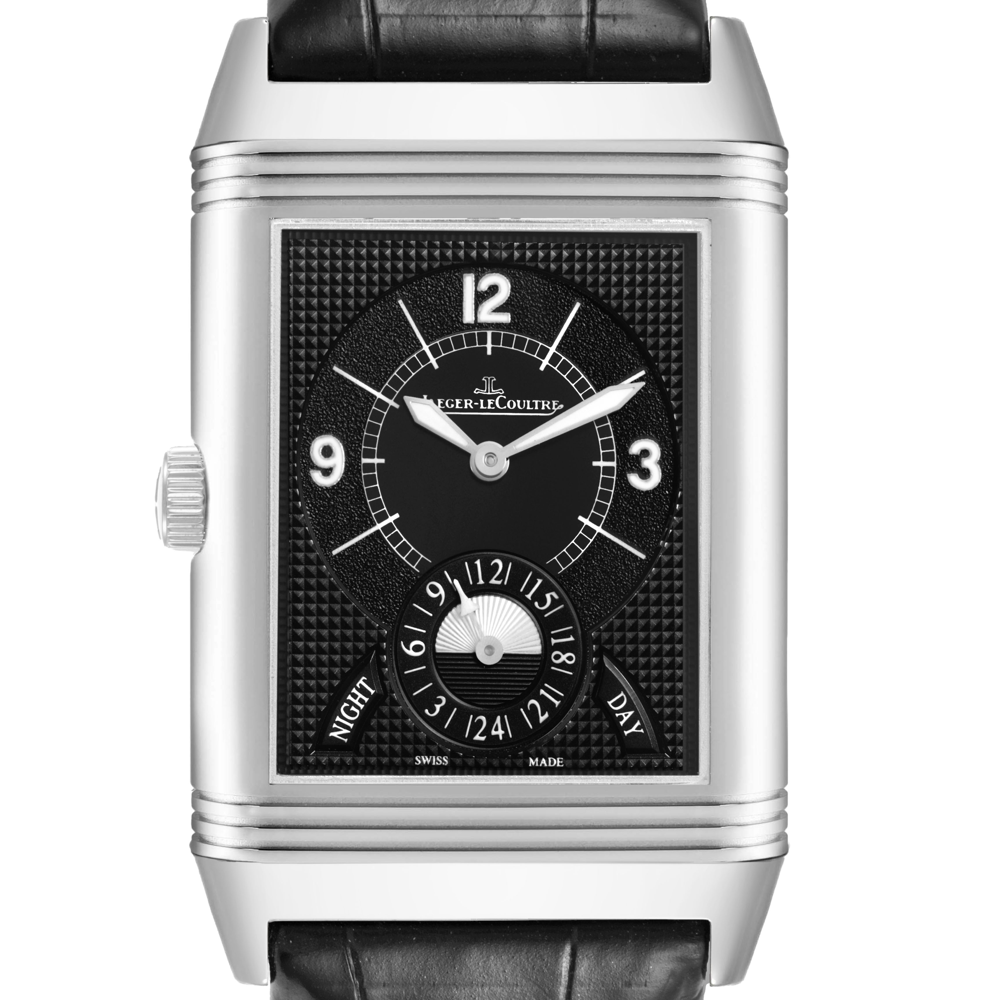 The Jaeger-LeCoultre Reverso watch is shown from a front view, displaying its face, case, and leather strap.