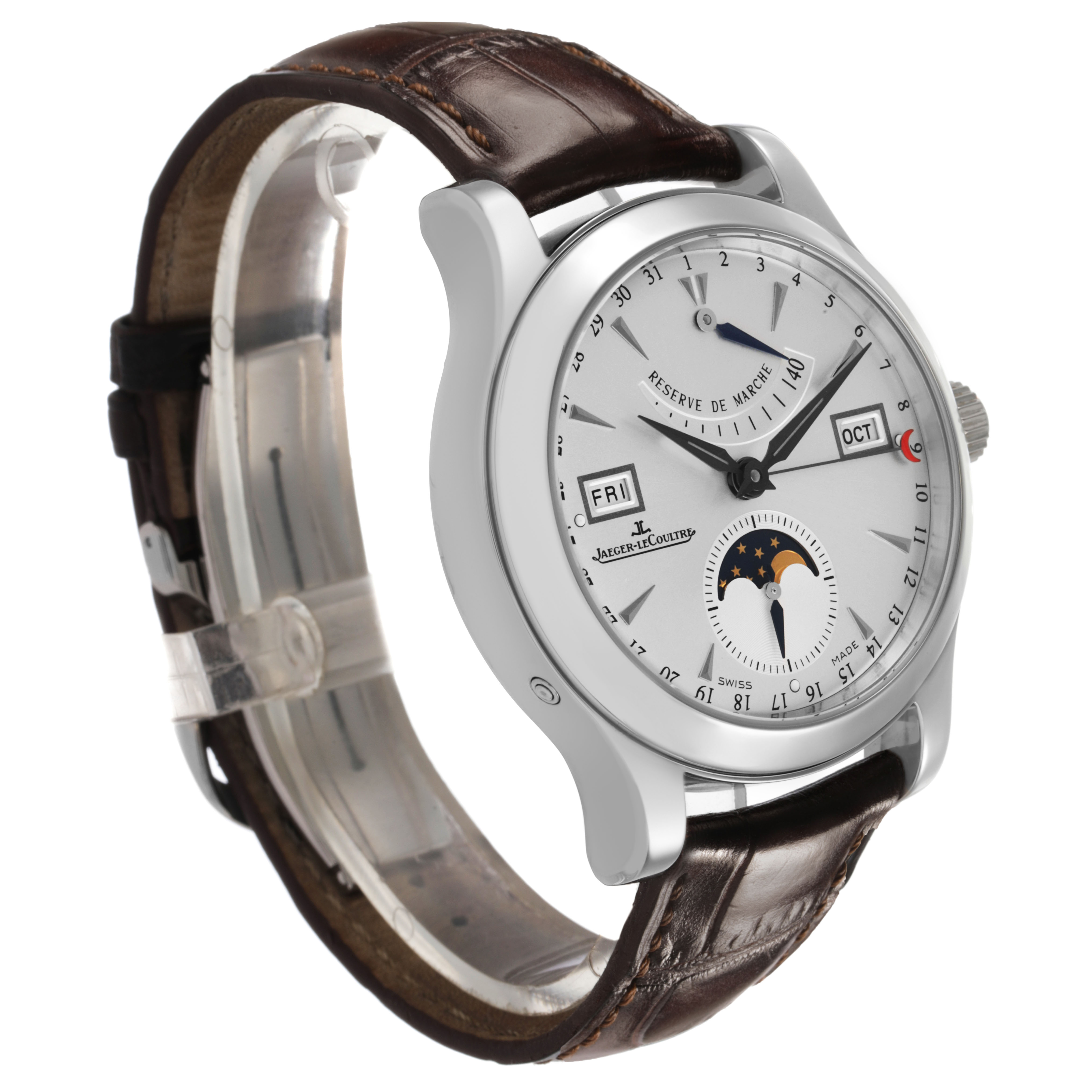 The Jaeger LeCoultre Master Q151842A Men's Stainless Steel Silver Dial watch is shown at an angled front view, displaying its dial, indices, sub-dials, and leather strap.