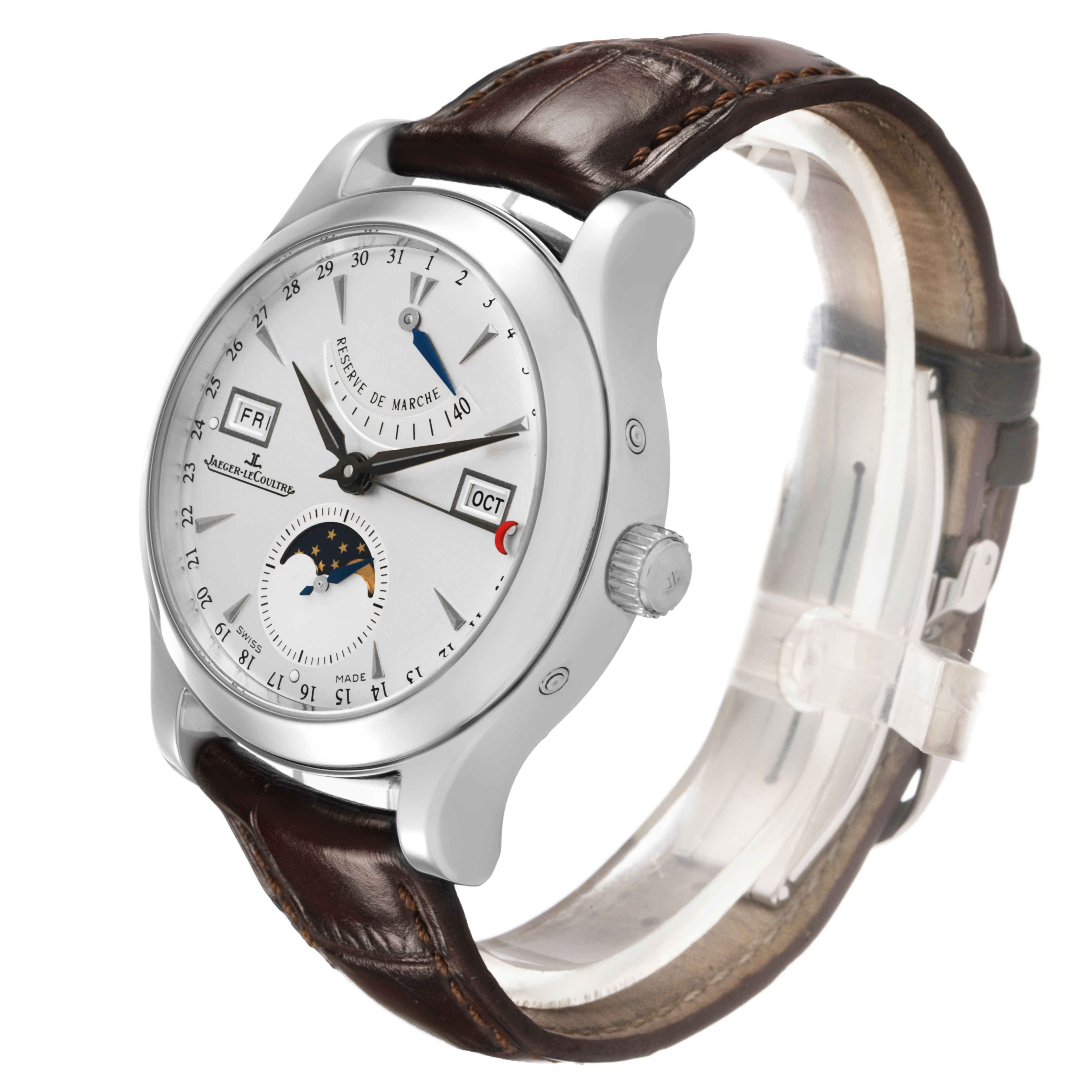 The Jaeger LeCoultre Master Q151842A Men's Stainless Steel Silver Dial watch is shown at a three-quarter angle, highlighting the dial, crown, and brown leather strap.
