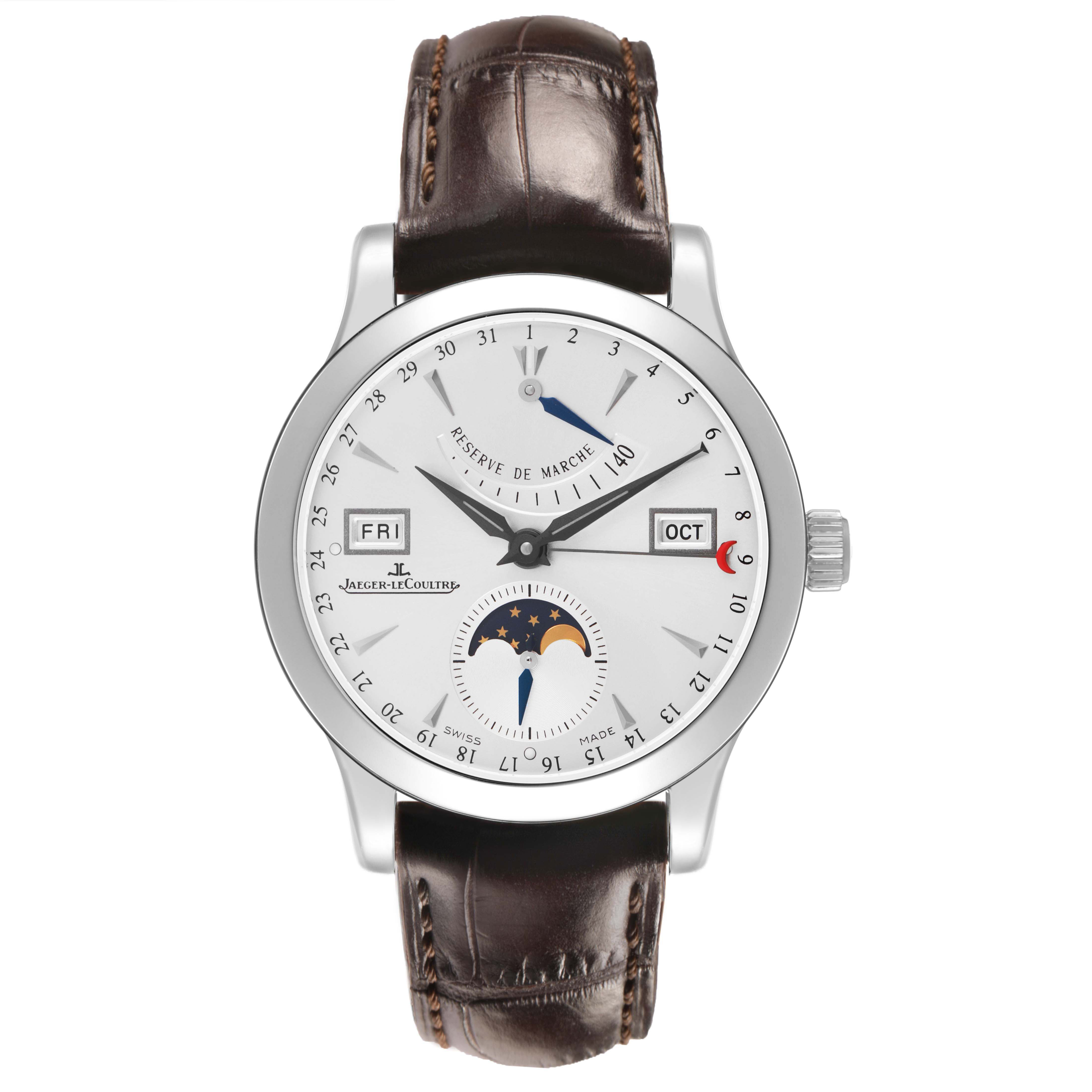 The Jaeger LeCoultre Master Q151842A Men's Stainless Steel Silver Dial watch is shown from a front angle, highlighting the dial, case, and leather strap.