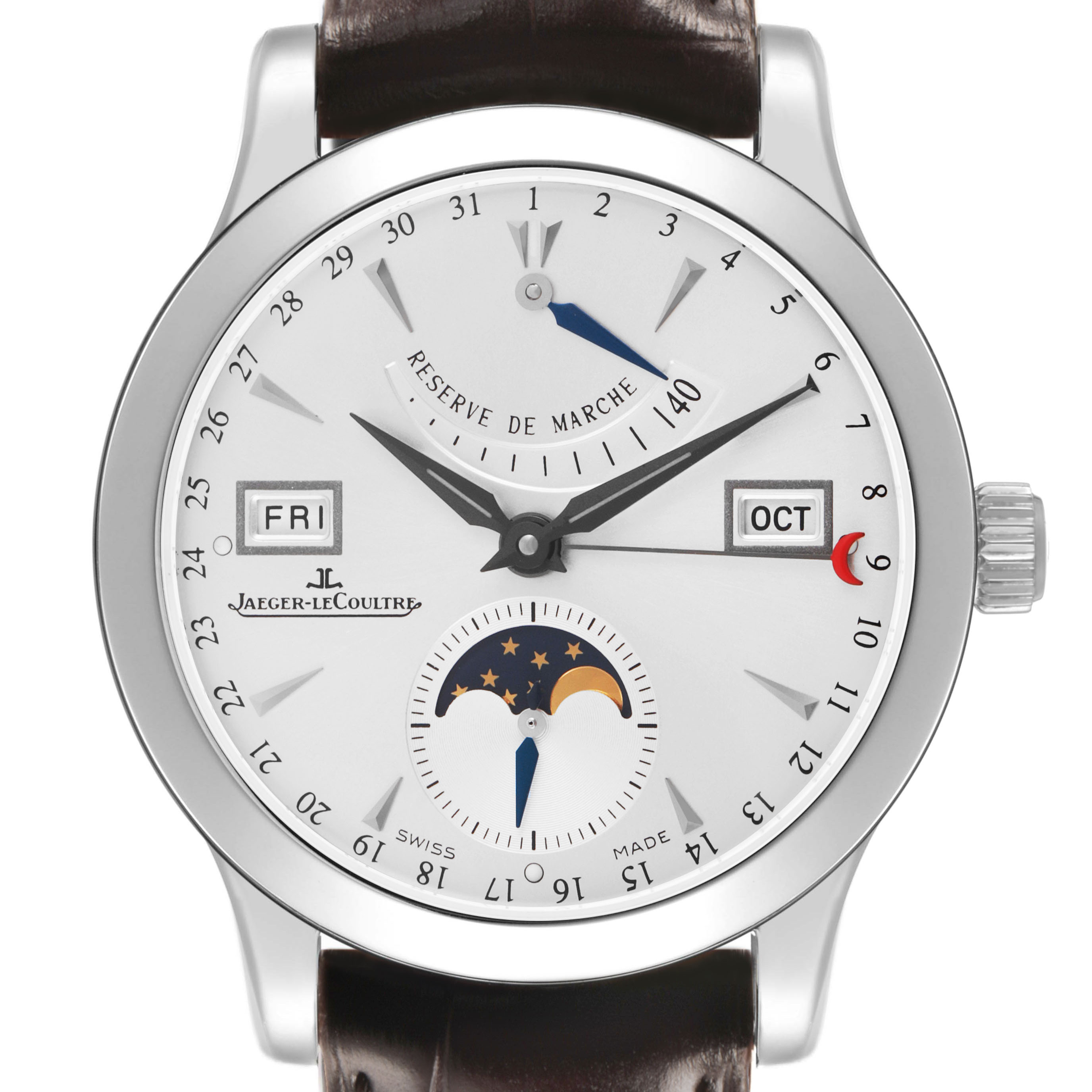 The Jaeger-LeCoultre Master watch is shown from the front, displaying the dial, day, date, and moon phase sub-dials.
