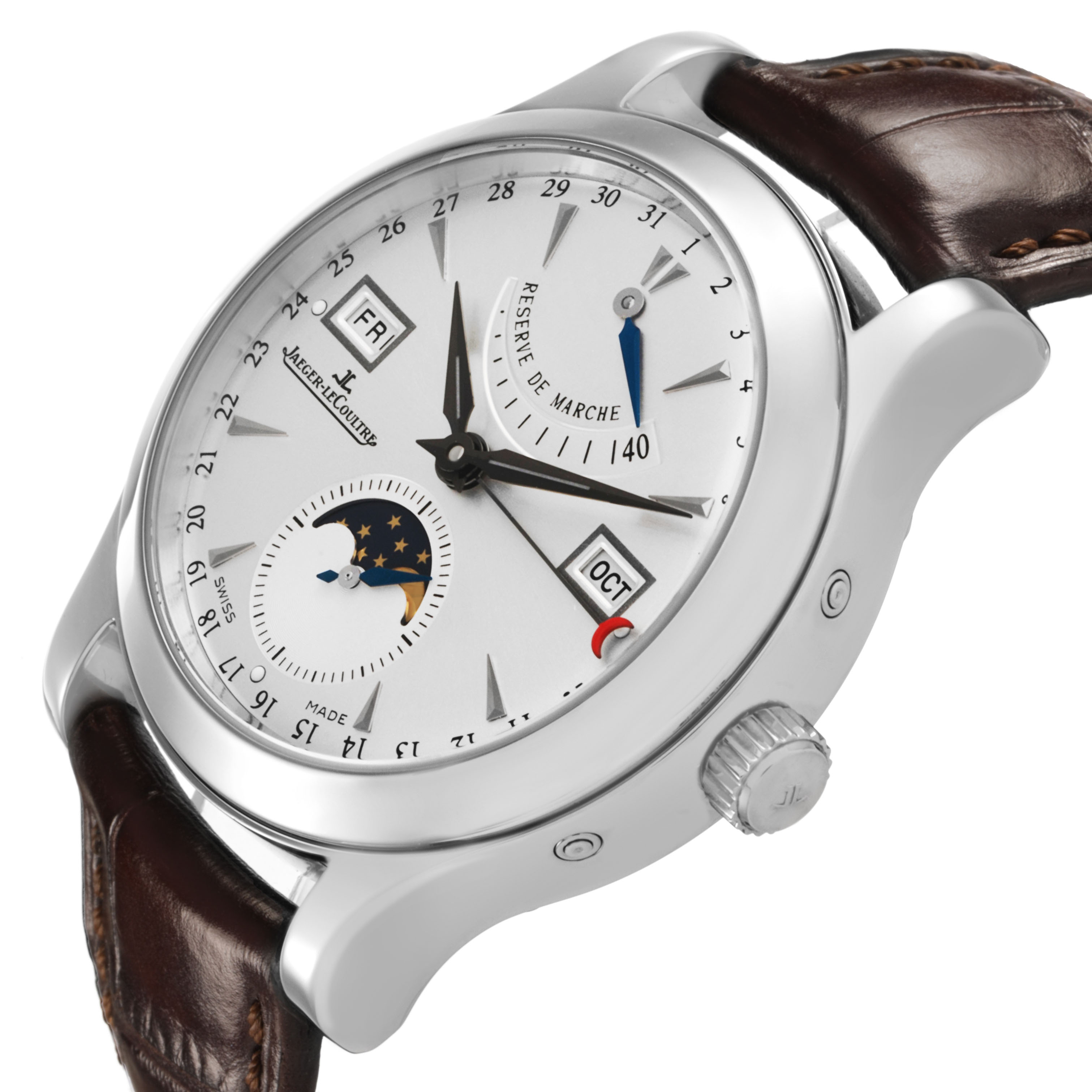 This Jaeger-LeCoultre Master model is shown at an angle highlighting the watch face, crown, leather strap, and complications, including a date indicator and moon phase.