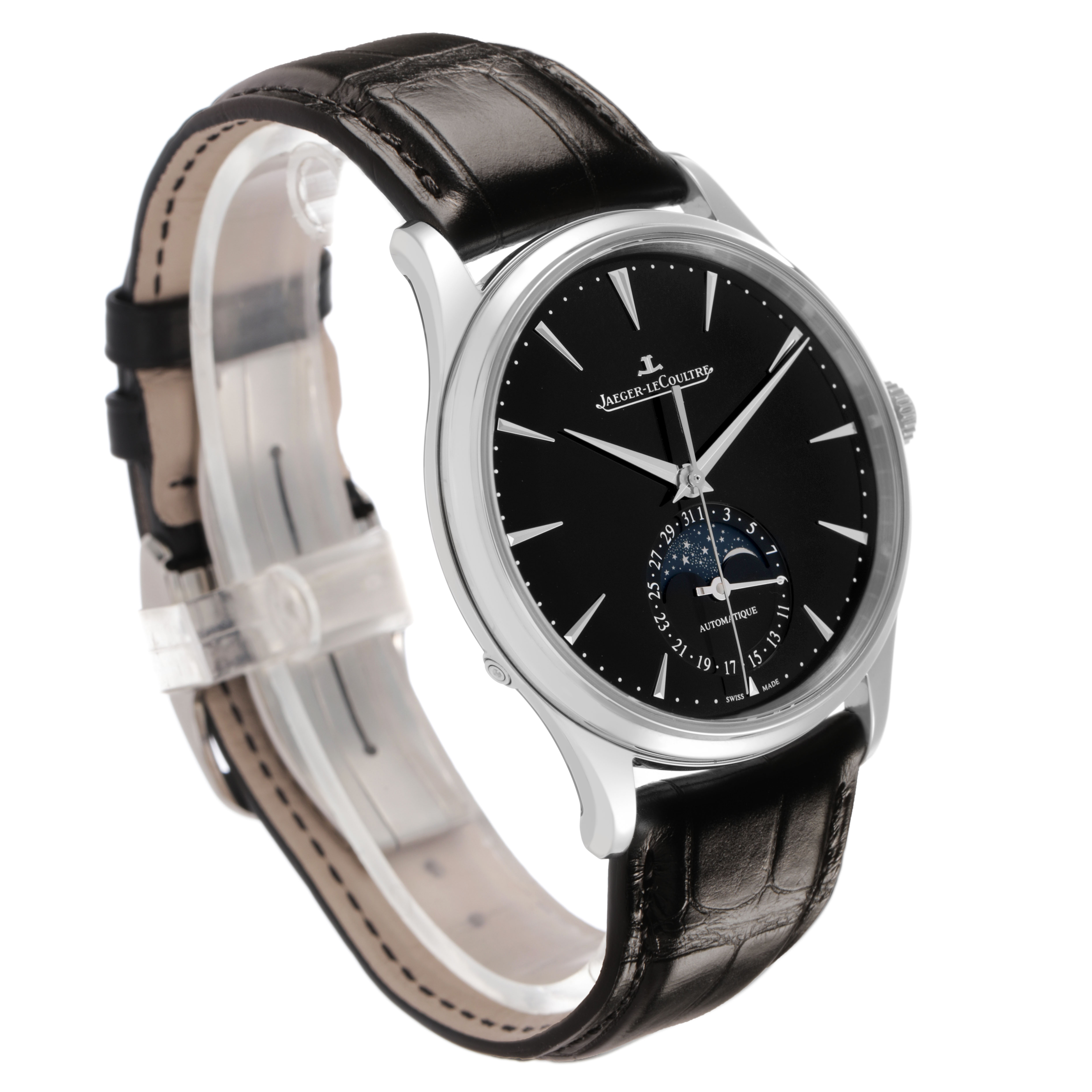 The Jaeger LeCoultre Master Q1368471 Men's Stainless Steel Black Dial model watch is shown at an angled side view, displaying the dial, case, and leather strap.