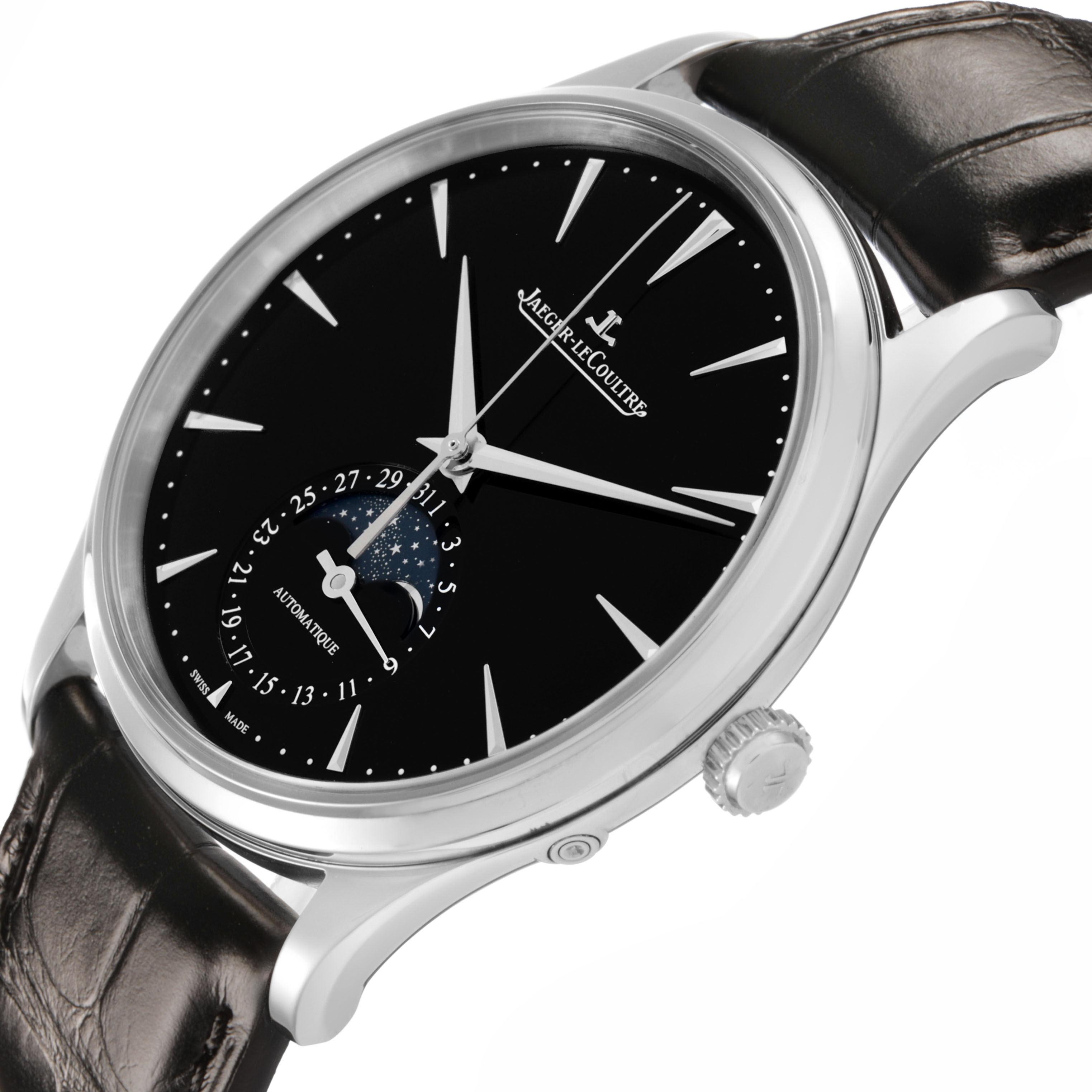 The Jaeger-LeCoultre Master watch is shown at a side angle, highlighting the black dial, moon phase, crown, and leather strap.