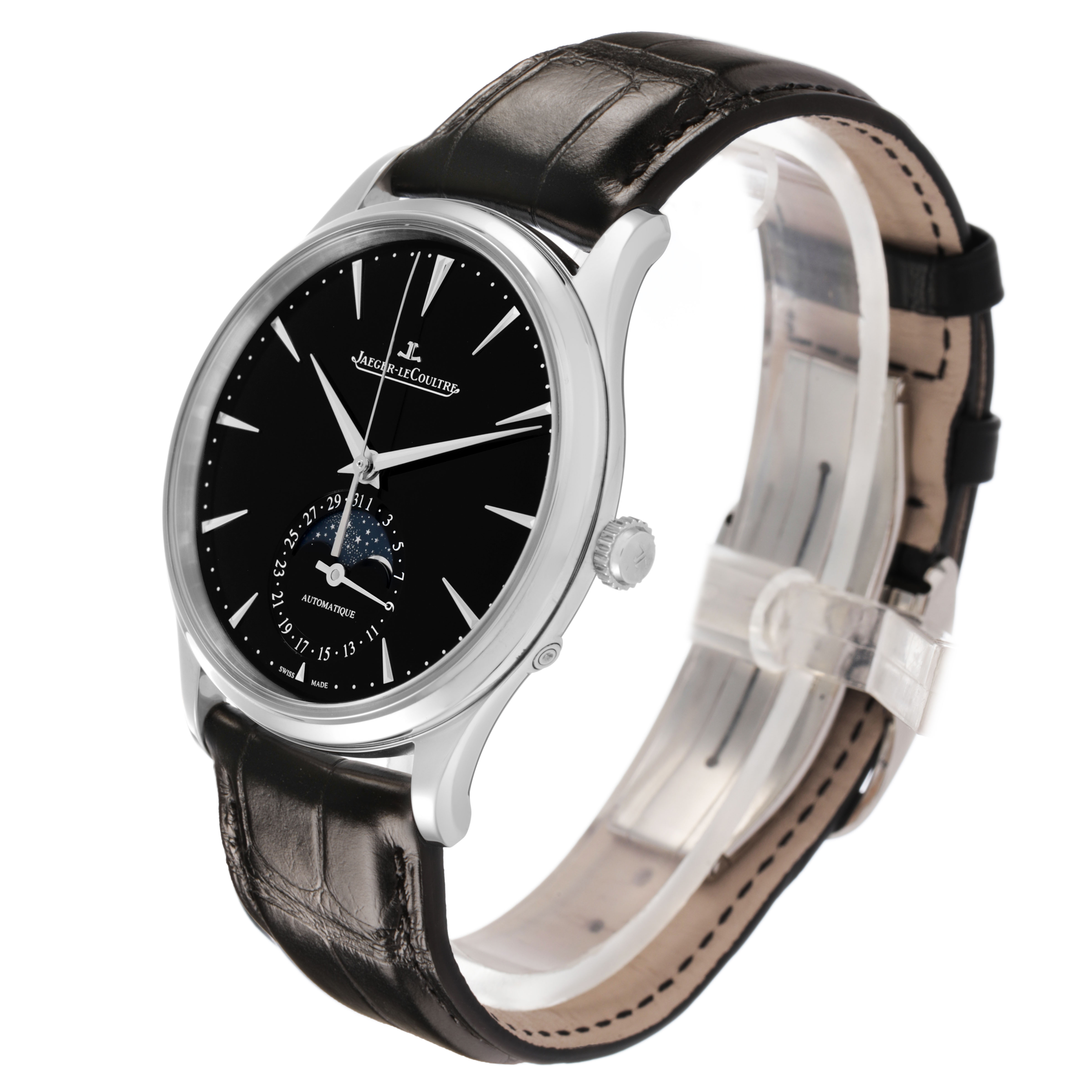 The Jaeger LeCoultre Master Q1368471 Men's Stainless Steel Black Dial watch is shown at a three-quarter angle, displaying the black dial, moon phase, date indicator, and leather strap.