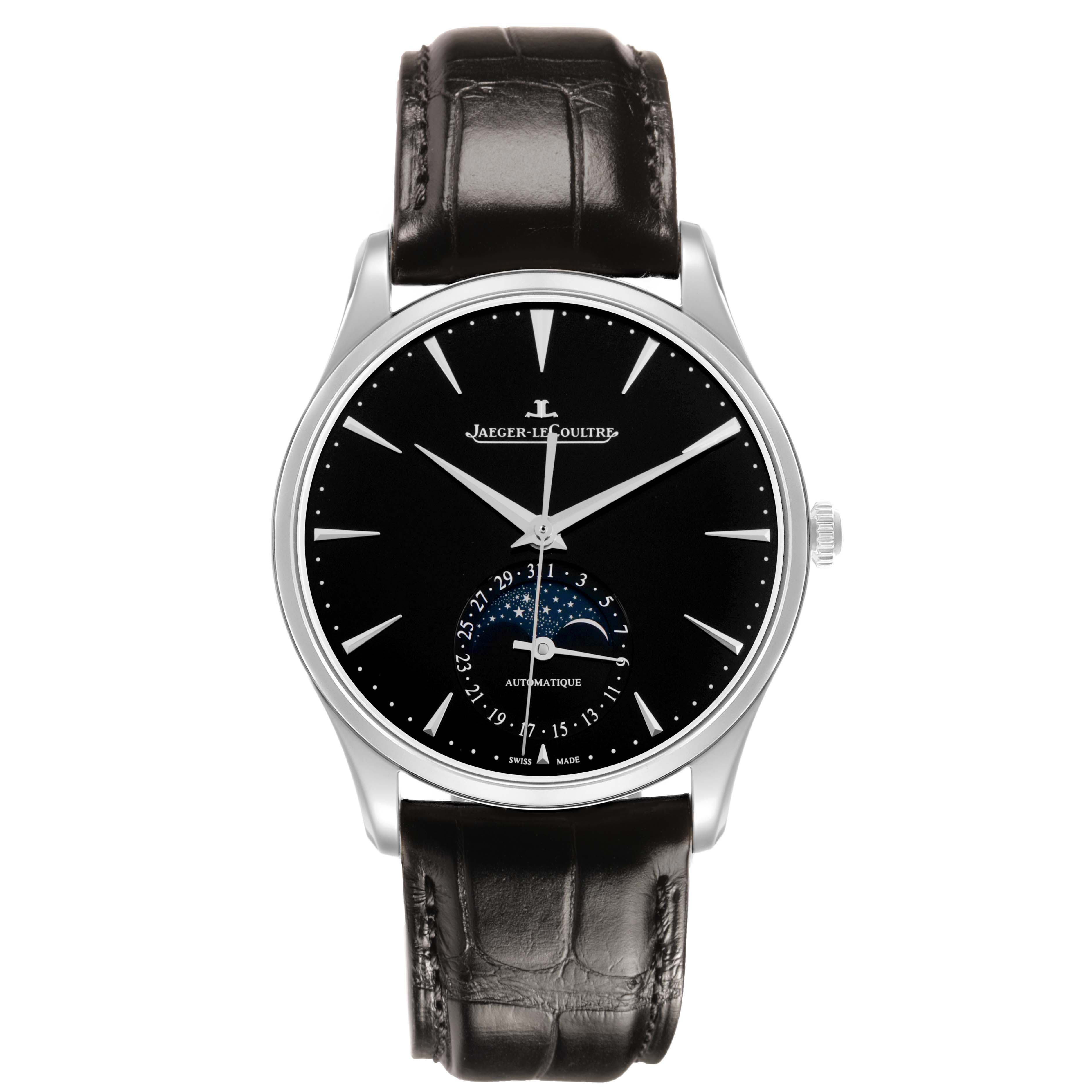 The watch is a Jaeger-LeCoultre Master model, shown from the front, featuring the dial, hands, and moon phase indicator.