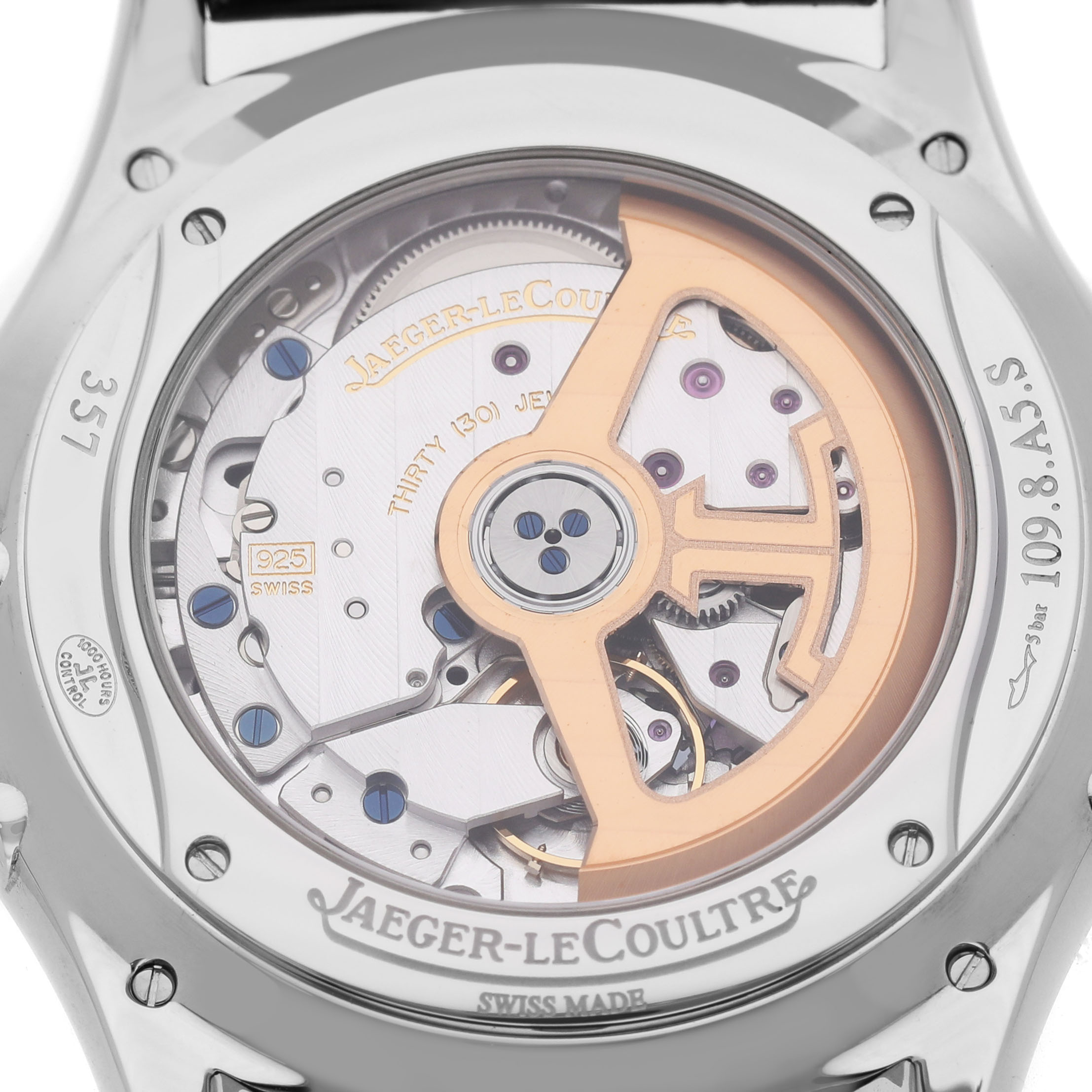 The image shows the back of a Jaeger LeCoultre Master Q1368471 Men's Stainless Steel Black Dial watch, highlighting the movement and rotor with engravings.
