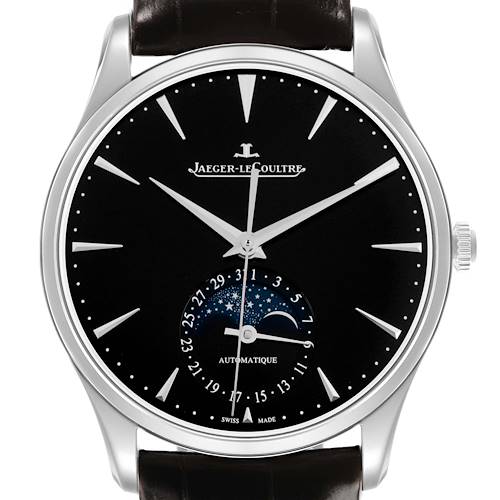 The Jaeger-LeCoultre Master model watch is shown from a front angle, displaying its black dial and moon phase complication.