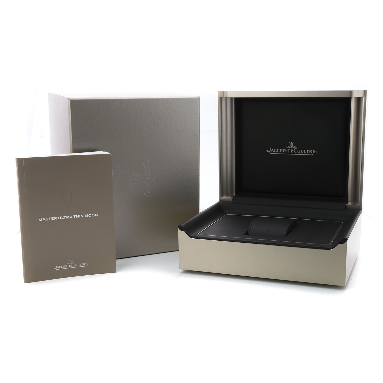The image shows the Jaeger LeCoultre Master Q1368471 Men's Stainless Steel Black Dial watch box, outer box, and manual from a front angle.