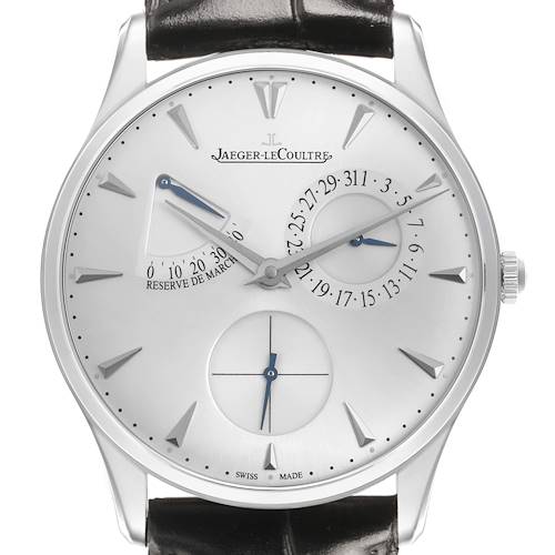 The image shows a frontal view of the Jaeger LeCoultre Master 176.8.38.S Q1378420 Men's Stainless Steel Grey Dial watch, highlighting the dial, hands, and subdials.